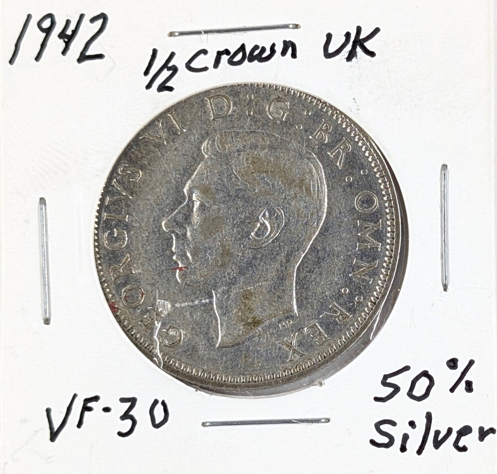 1942 Silver United Kingdom 1/2 Crown: 50% Silver 