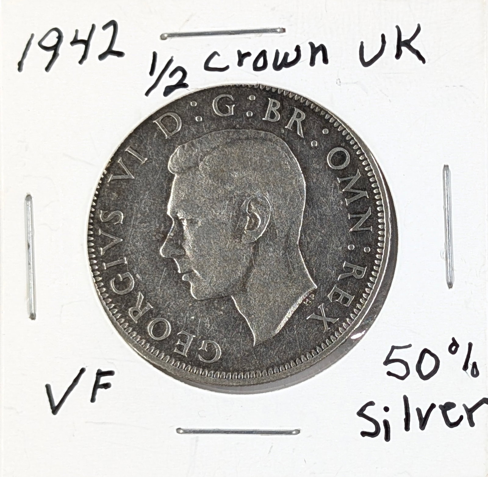 1943 Silver United Kingdom 1/2 Crown: 50% Silver 