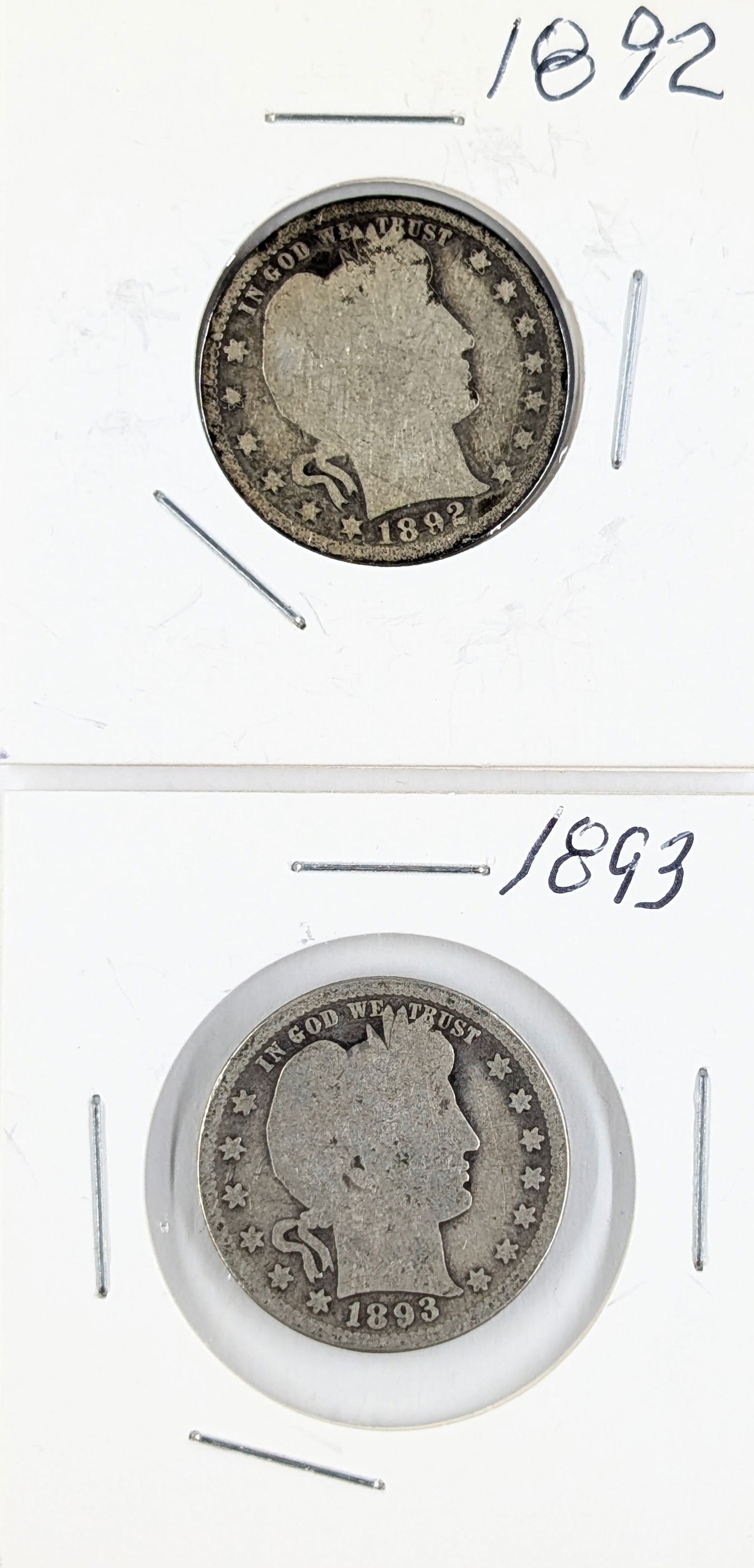 Lot of 2 Silver Barber Quarters - 1892, 1893 (1 of 2)