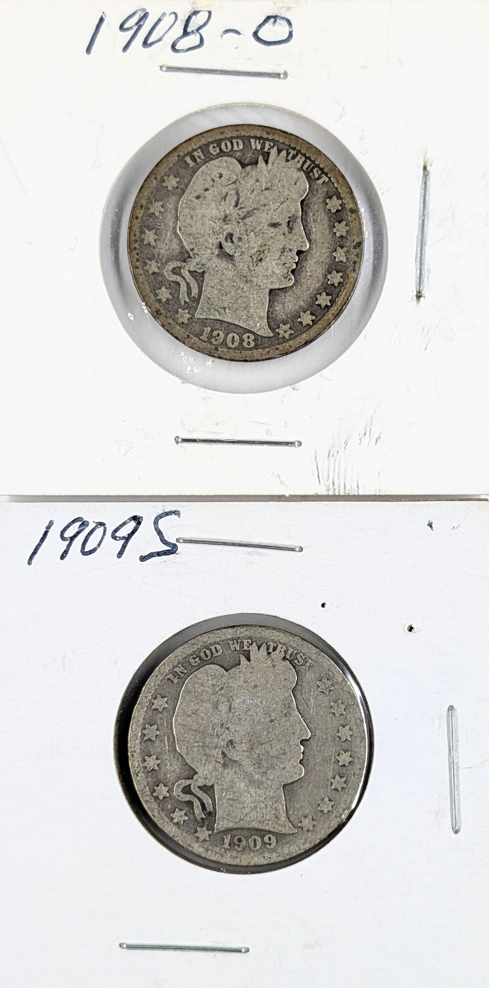 Lot of 2 Silver Barber Quarters - 1908-O, 1909-S: Silver