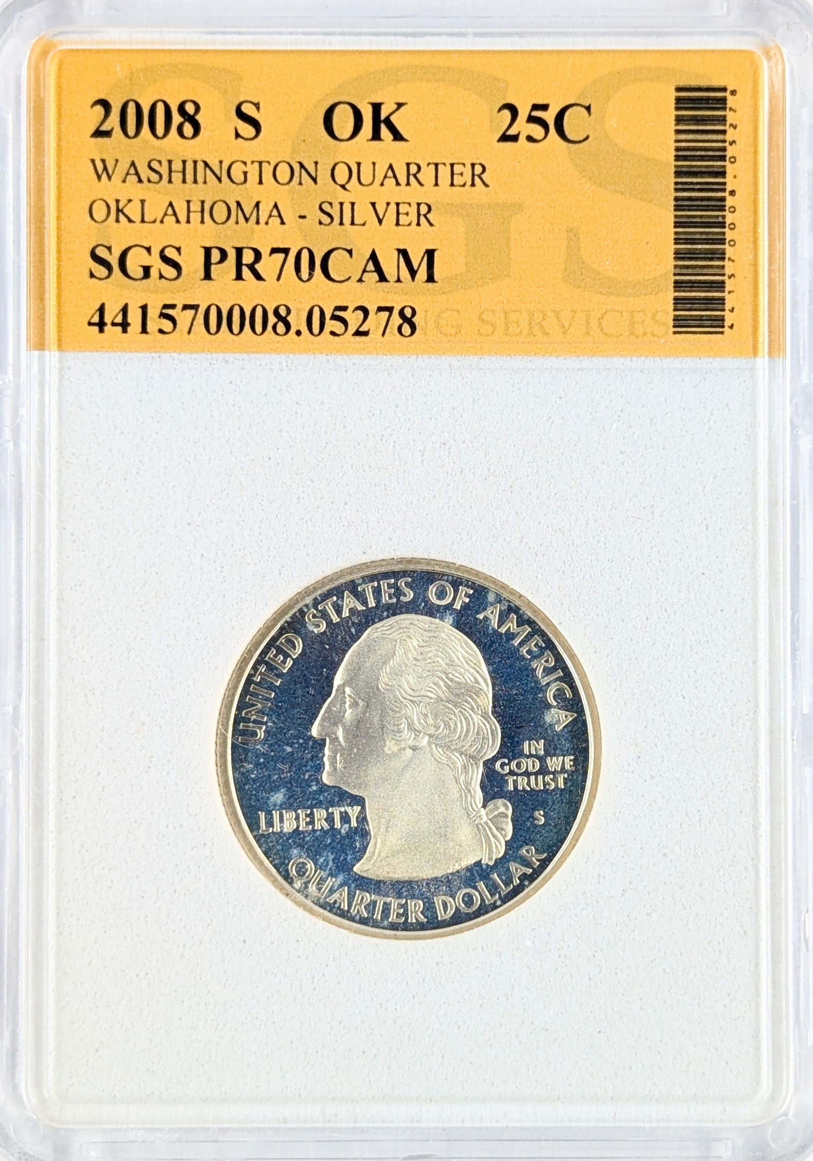 SGS 2008-S PR70 CAM Oklahoma Silver State Quarter - Toned: Silver 