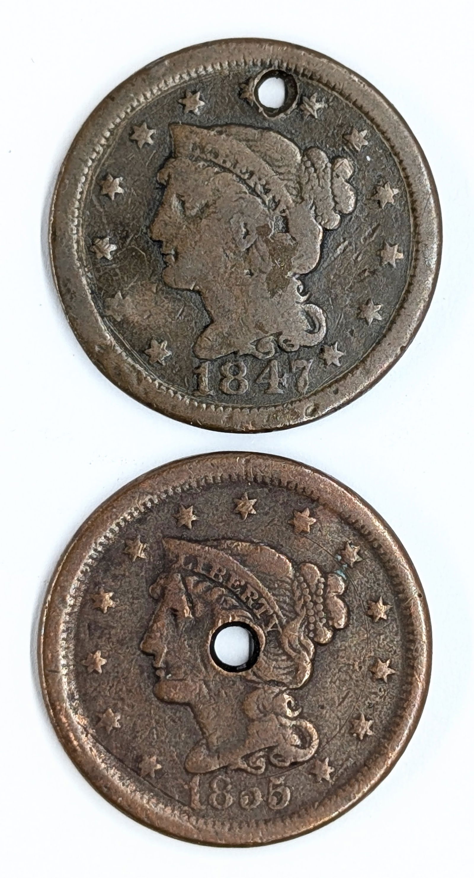 Lot of 2 Large Cents - 1847, 1855: Coins have holes 