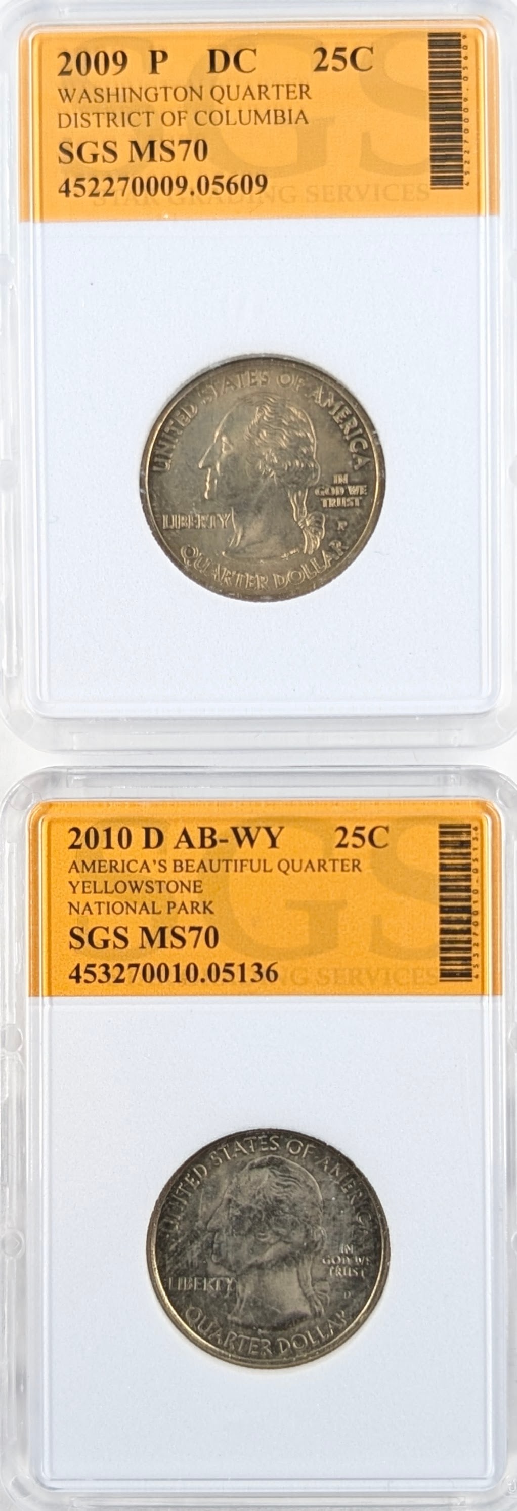 Lot of 2 SGS MS70 Quarters - 2009-P DC, 2010-D Yellowstone: Coin 