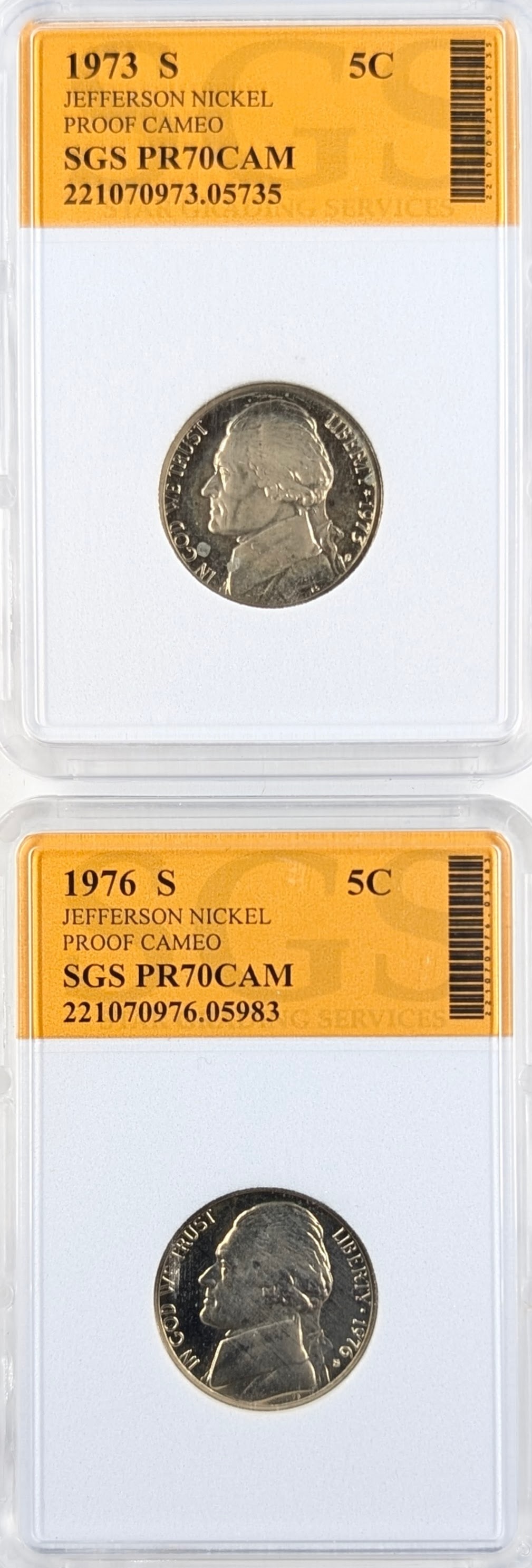 Lot of 2 SGS PR70 CAM Jefferson Nickels - 1973-S, 1976-S: Coin 