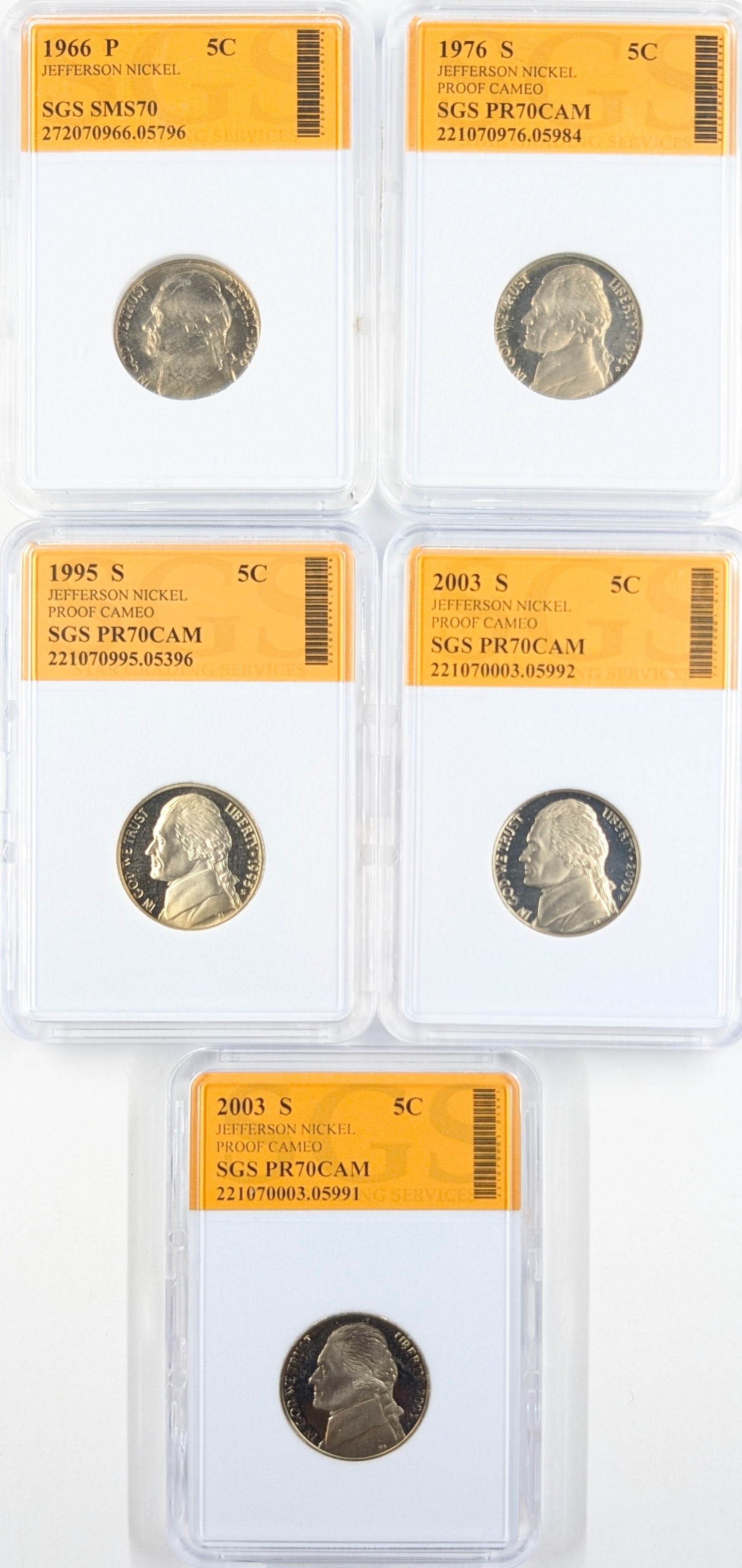 Lot of 5 PR70 CAM Jefferson Nickels - 1966-2003: Coin 