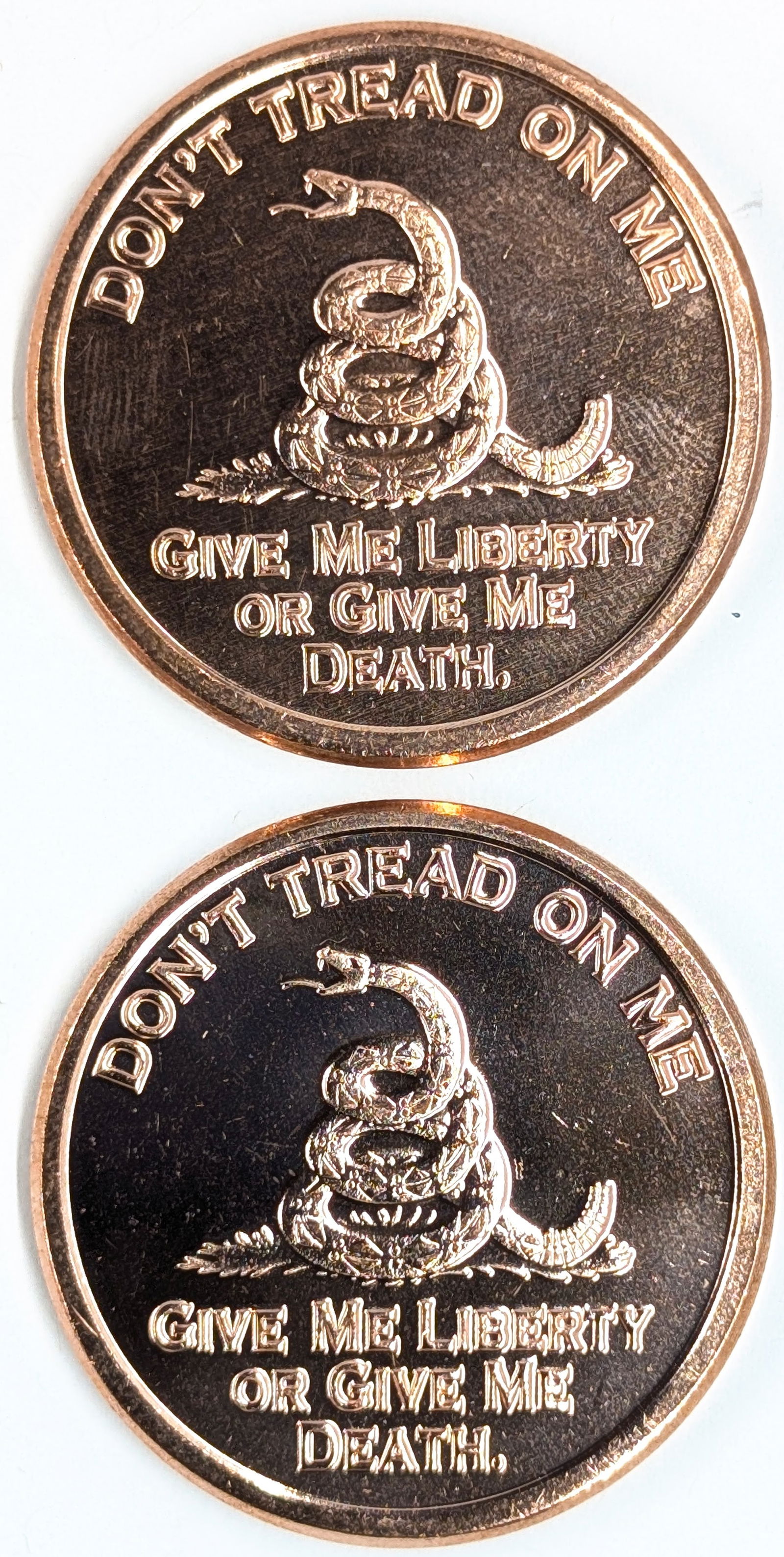 Lot of 2 - 1 Ounce (each) Fine .999 Copper Rounds - Don't Tread On Me: Copper 
