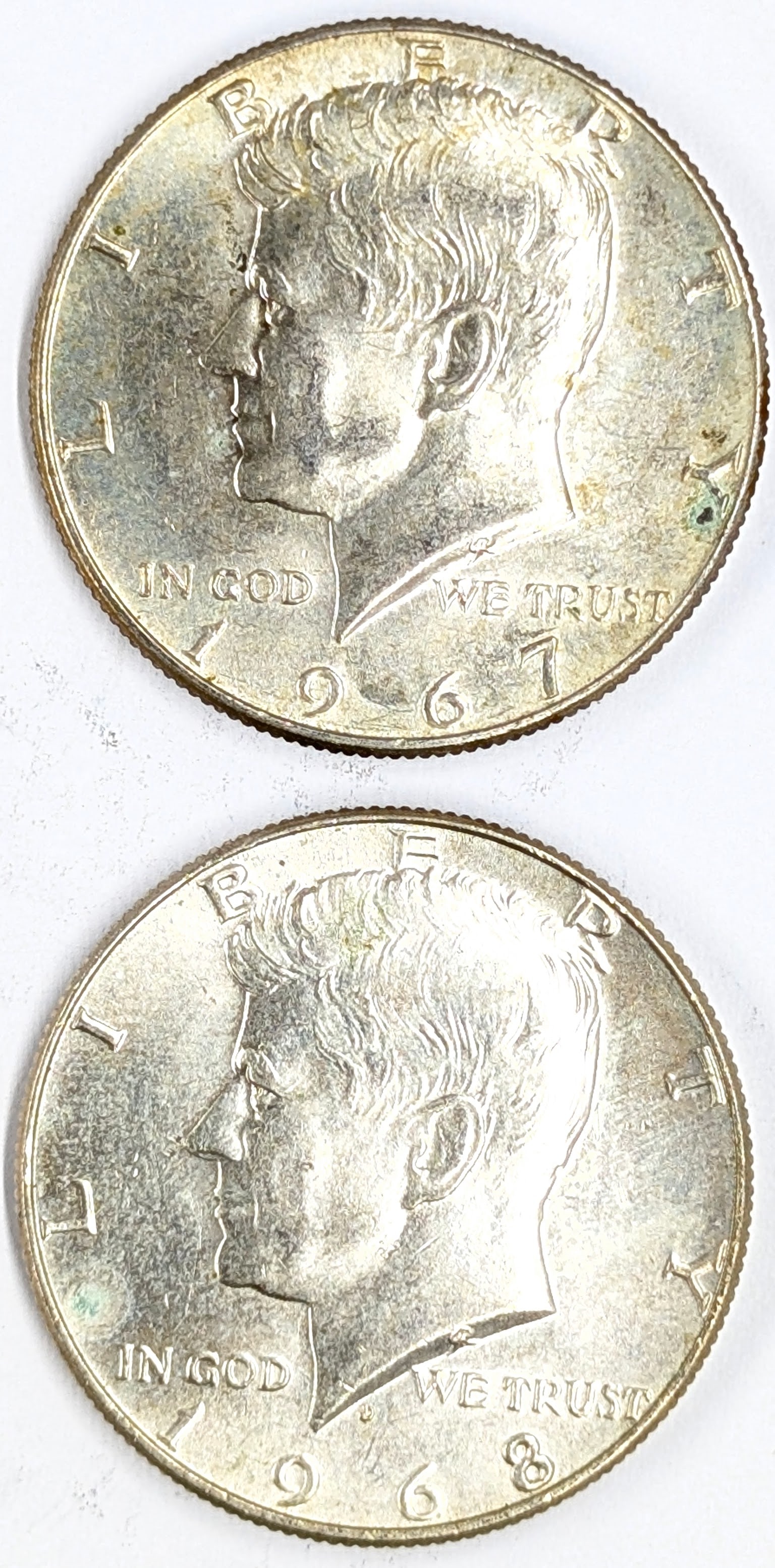 Lot of 2 Silver John F Kennedy Half Dollars - 1967, 1968-D (1 of 2)