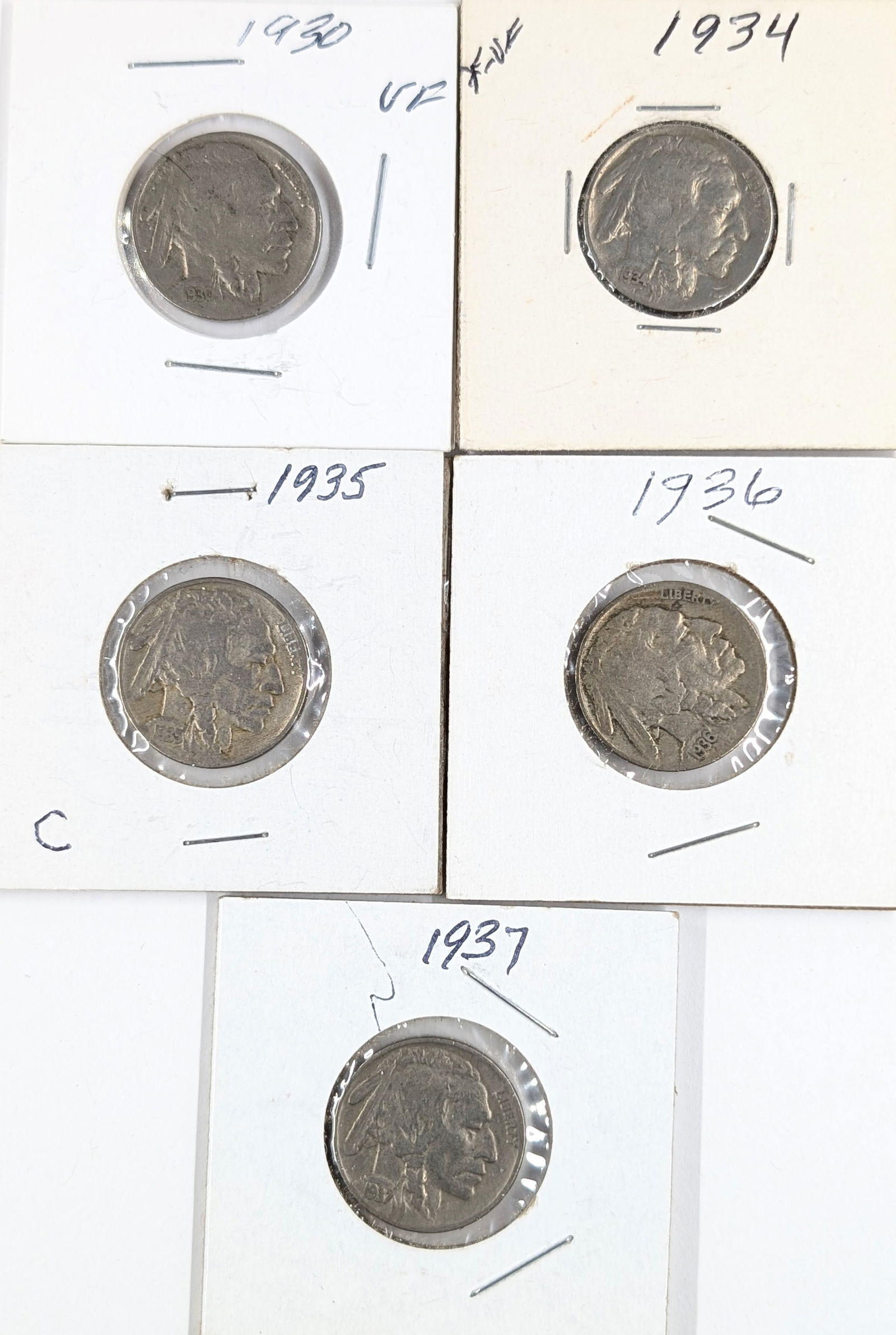 Lot of 5 Buffalo Head Nickels - 1930-1937: Coin