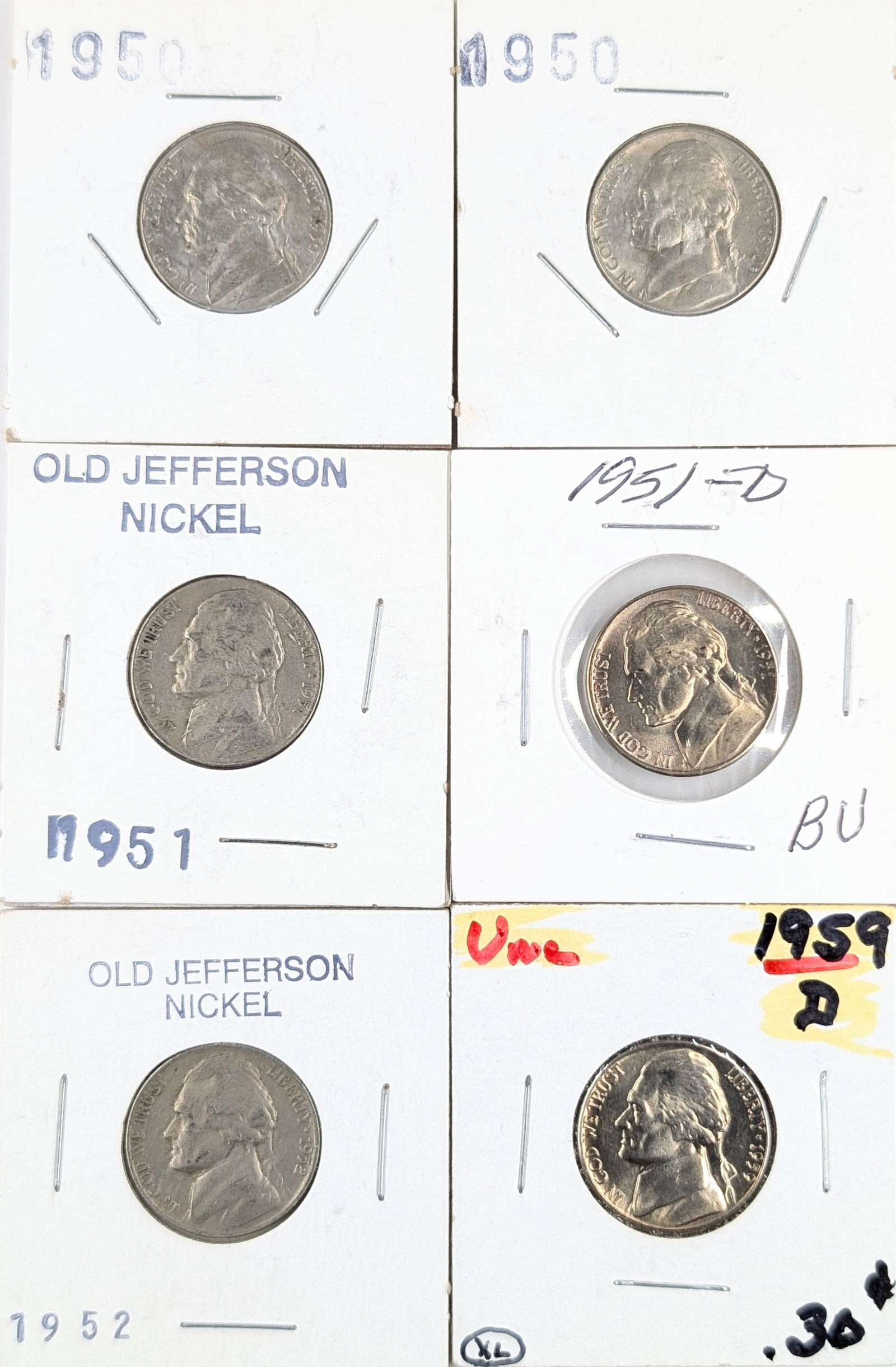 Lot of 6 Jefferson Nickels - 1950-1959 - Some Uncirculated: Coin