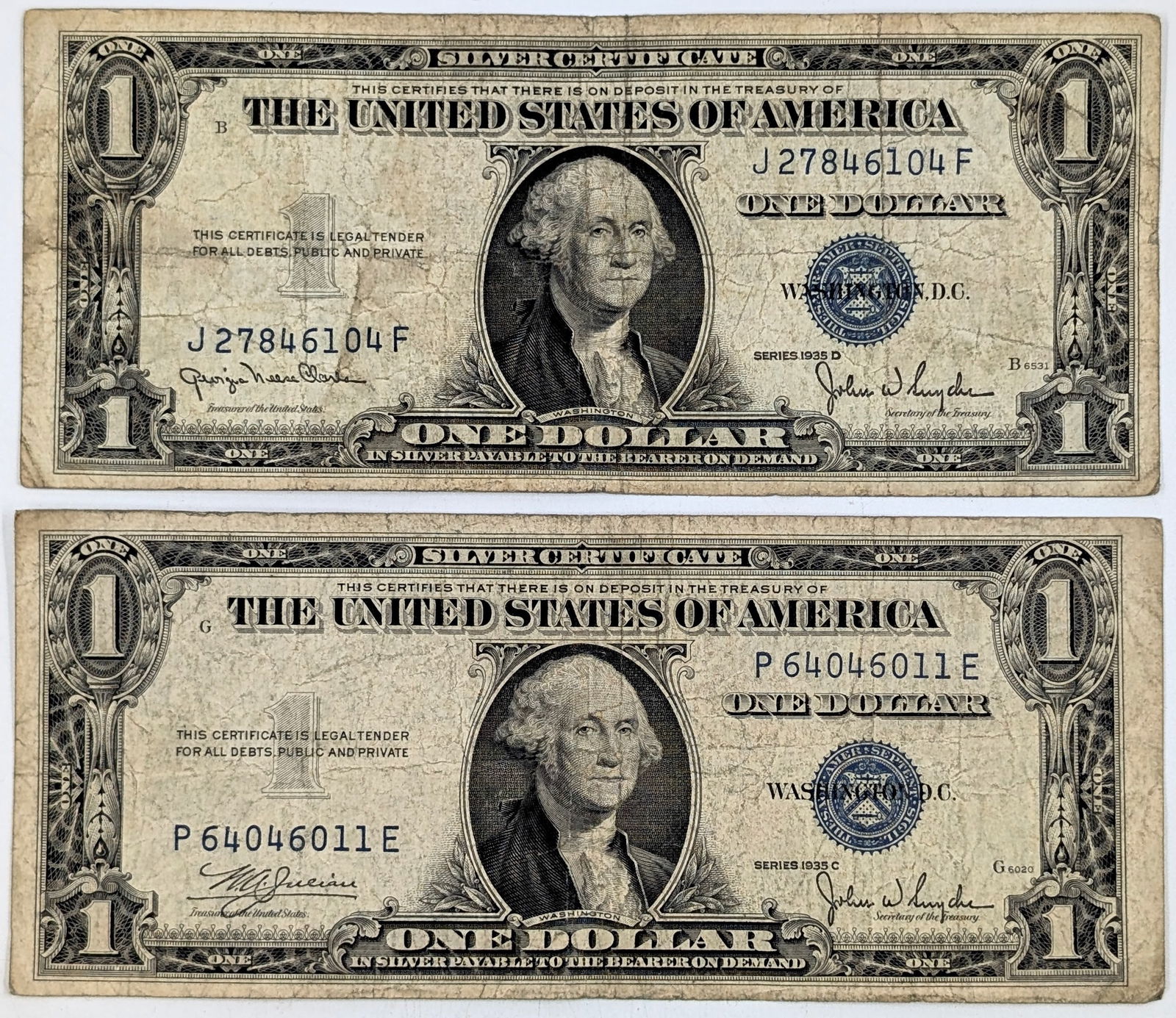 Lot of 2 - 1935 C/D $1 Notes - Silver Certificates (1 of 2)