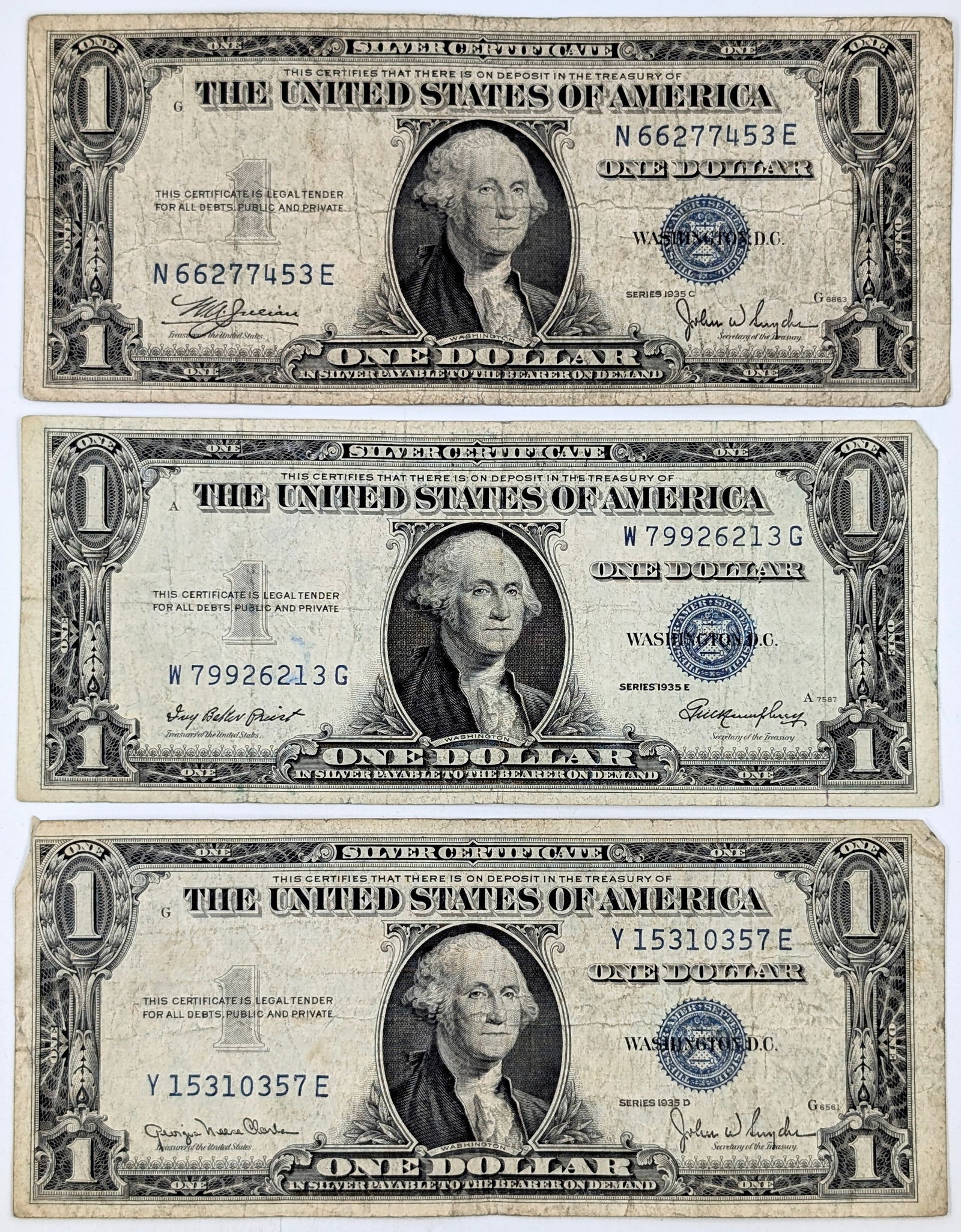 Lot of 3 - 1935 C/D/E $1 Notes - Silver Certificates (1 of 2)