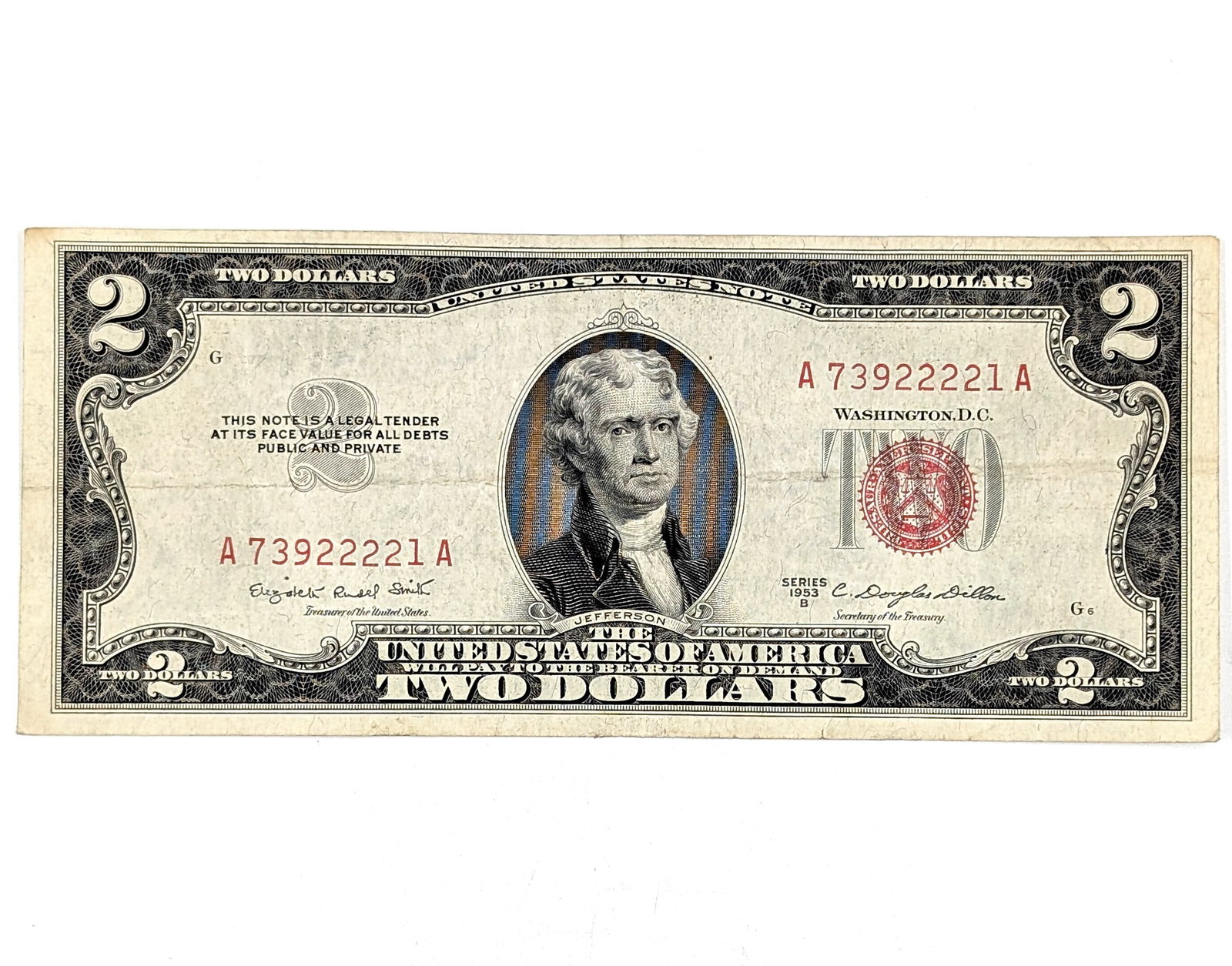 1953-B $2 Note - Red Seal - Repeater '73922221' (1 of 2)