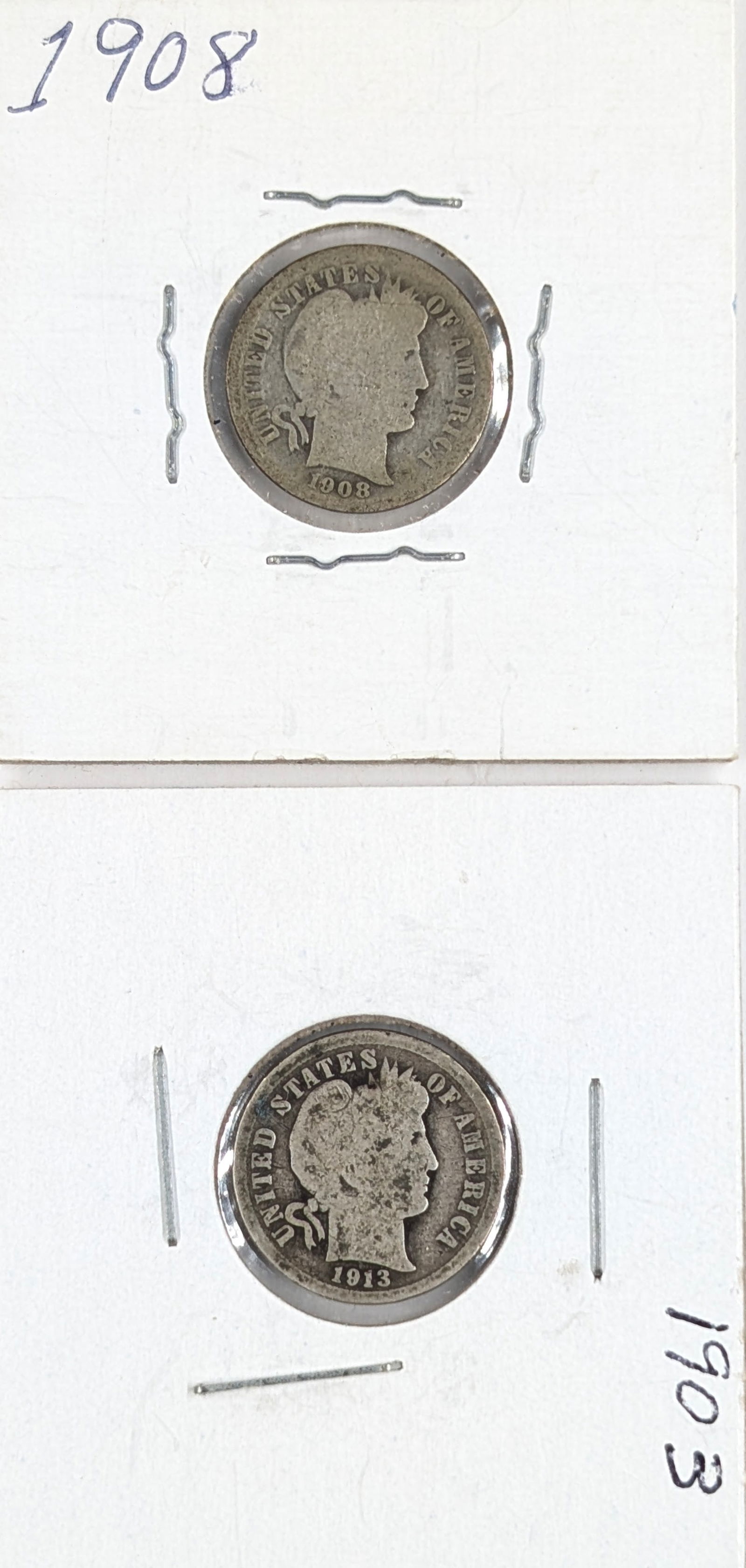 Lot of 2 Silver Barber Dimes - 1908, 1913: Silver