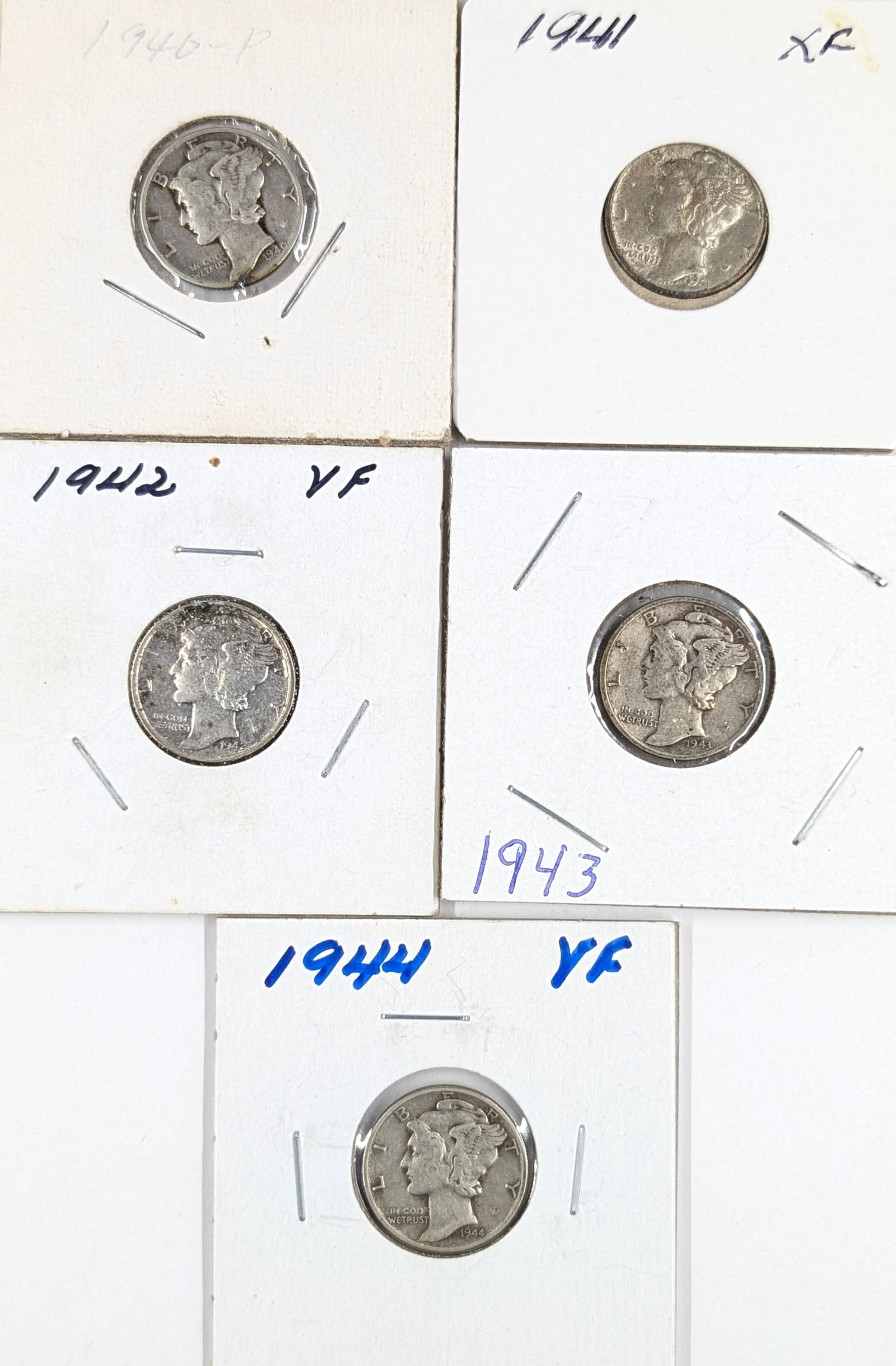 Lot of 5 Silver Mercury Dimes - 1940-1944 (1 of 2)