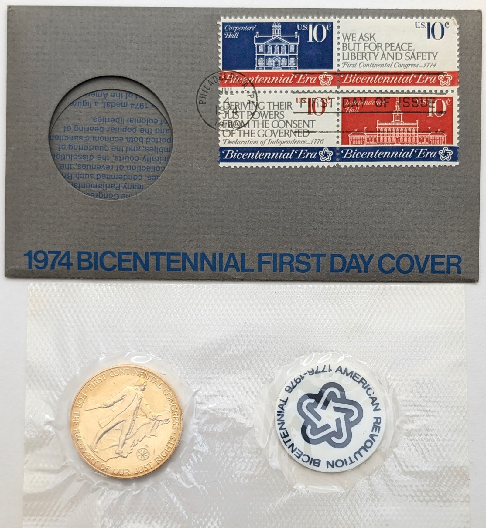 1974 American Revolution Bicentennial Commemorative Medal & Stamp: Commemorative 