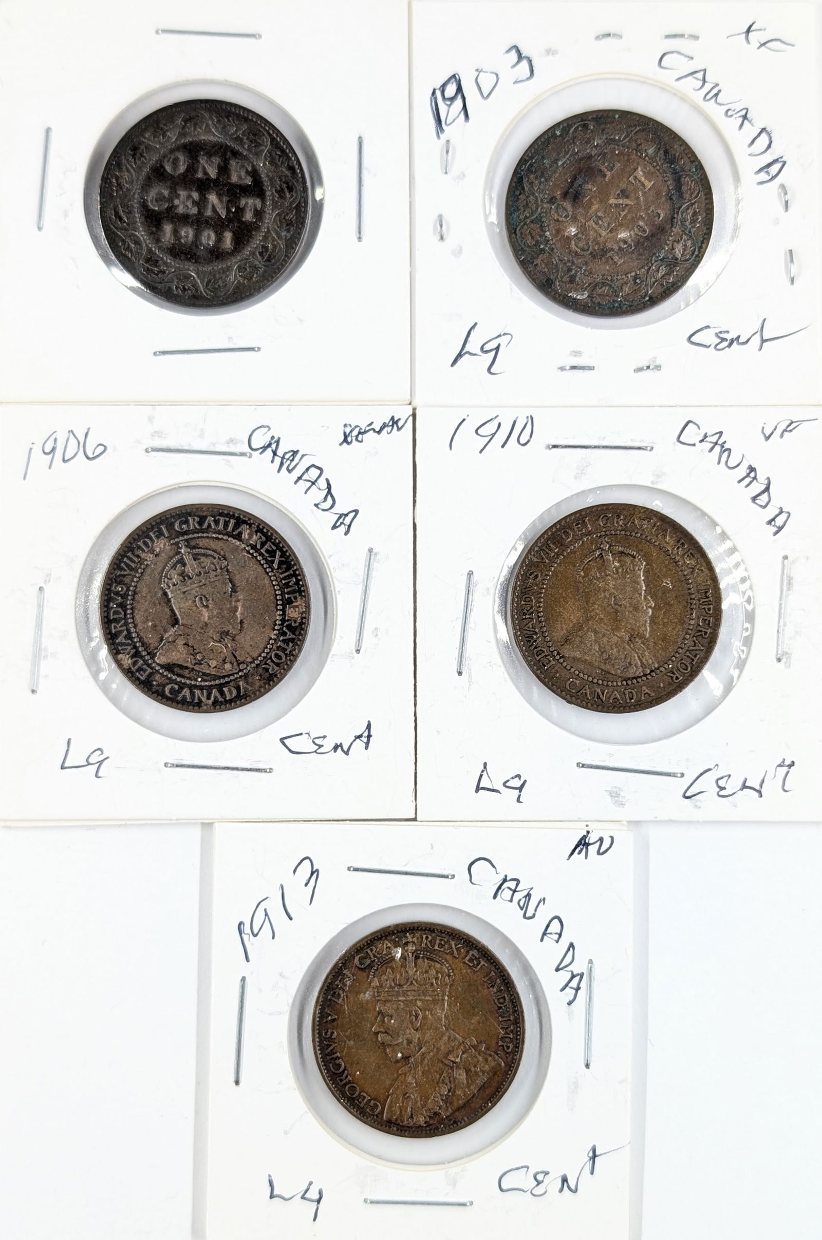 Lot of 5 Canadian Large Cents - 1901-1913: Coin 