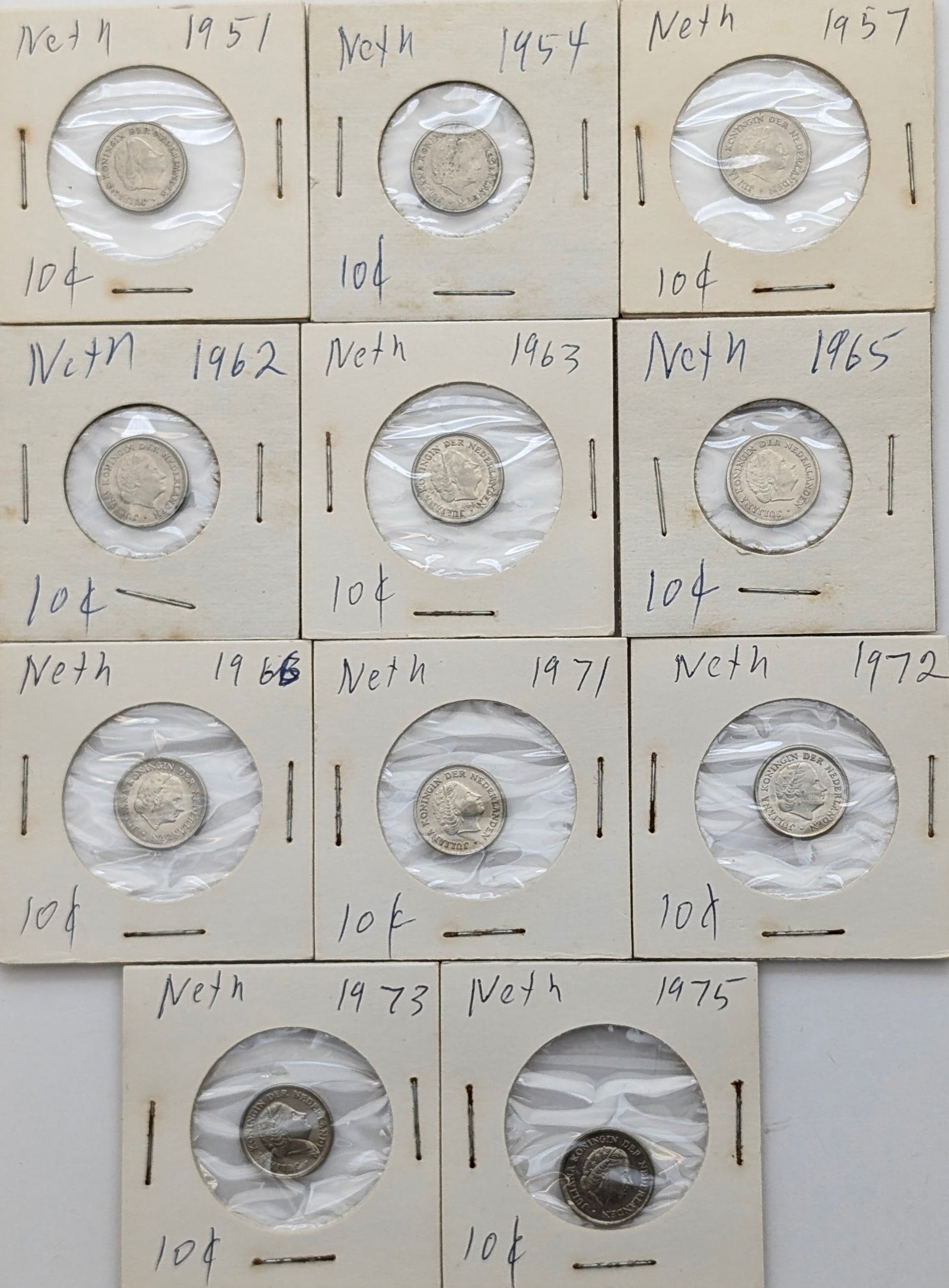 Lot of 11 Netherlands 10 Cents: Coin 