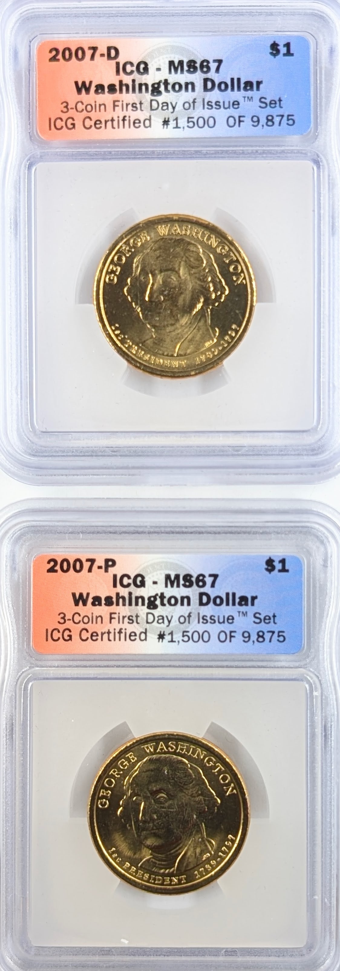 Lot of 2 ICG 2007 P/D MS67 Washington Presidential Dollar - First Day of Issue: Coin 