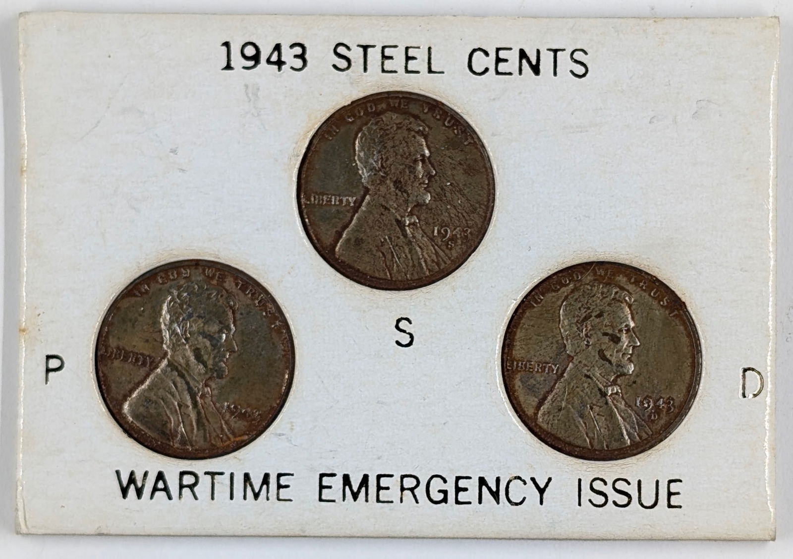 Lot of 3 Wartime Emergency Issue 1943 P/D/S Steel Lincoln Cents: Coin 