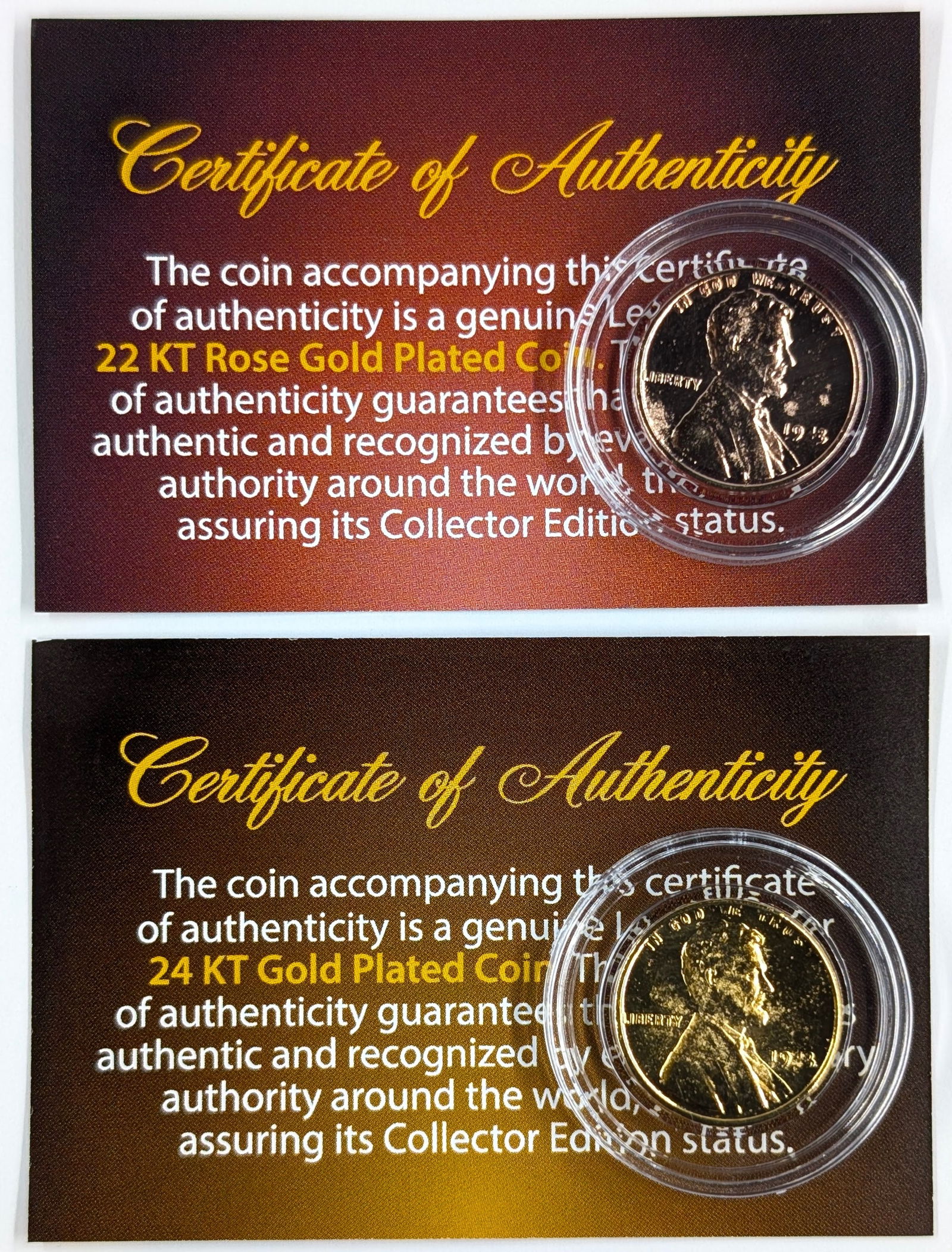 Lot of 2 Uncirculated 1943 Wheat Cents - 24K Gold & 22K Rose Gold plated: Gold plated 