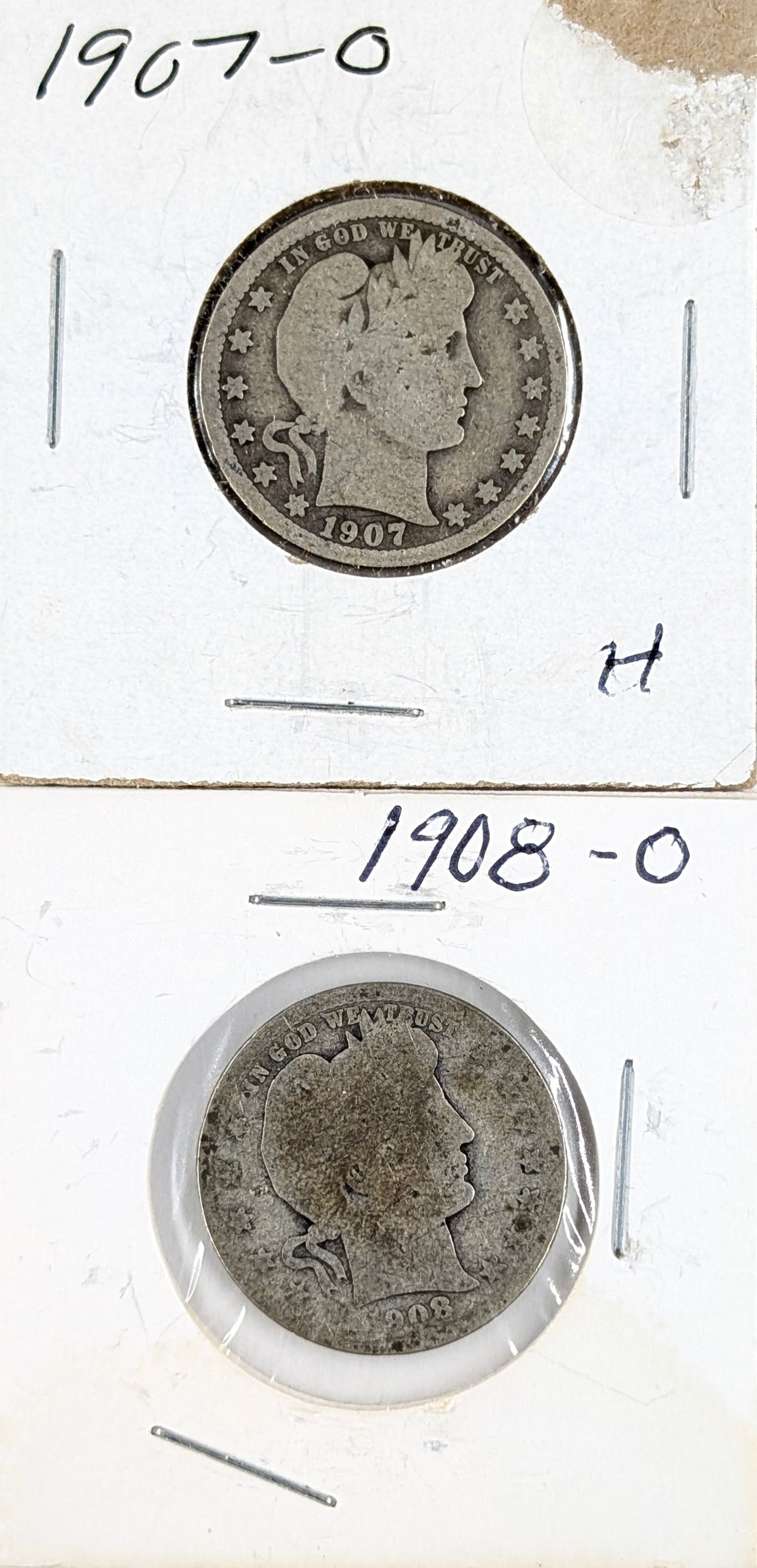 Lot of 2 Silver Barber Quarters - 1907-O, 1908-O (1 of 2)