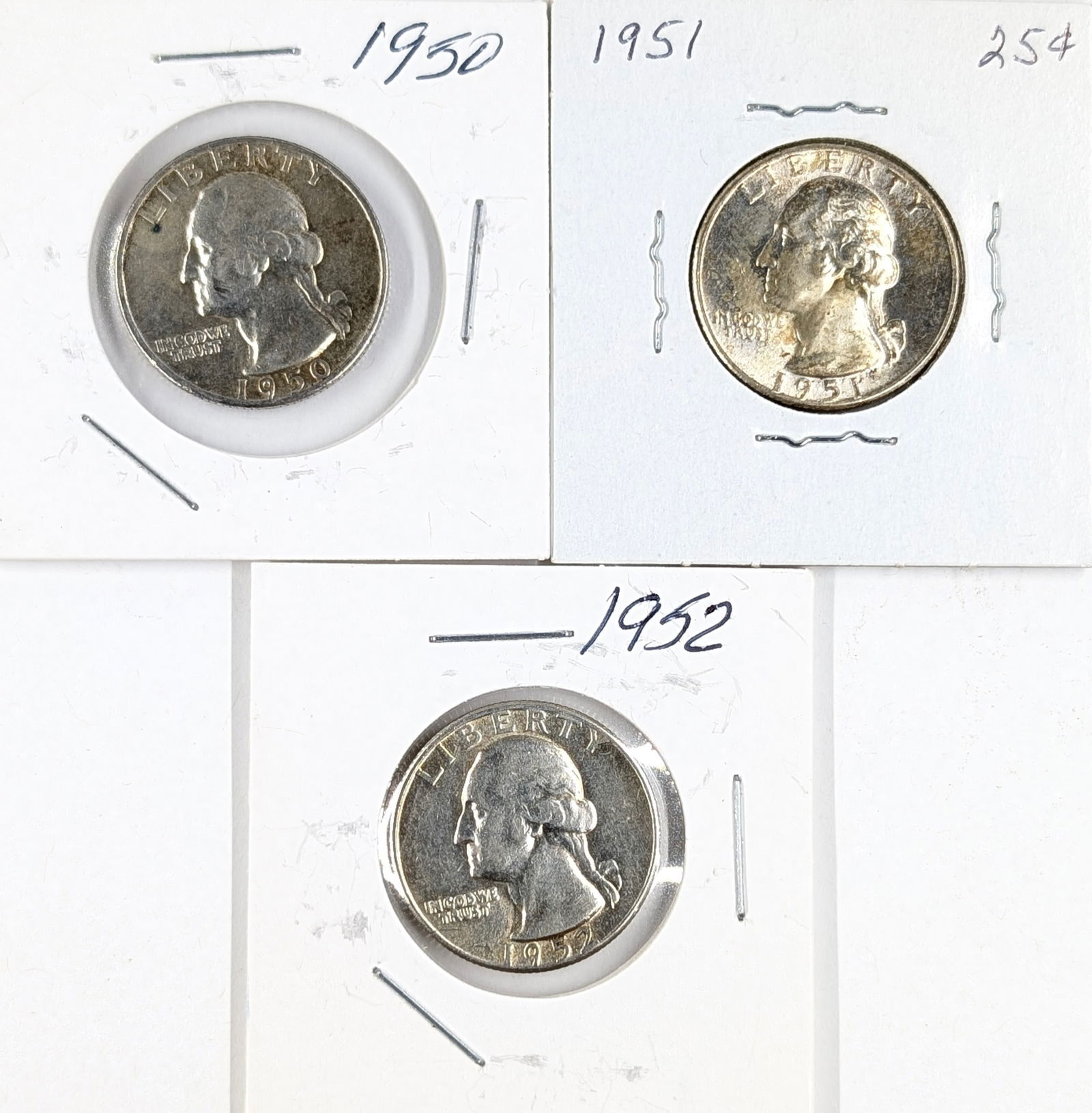 Lot of 3 Silver Washington Quarters - 1950, 1951, 1952: Silver