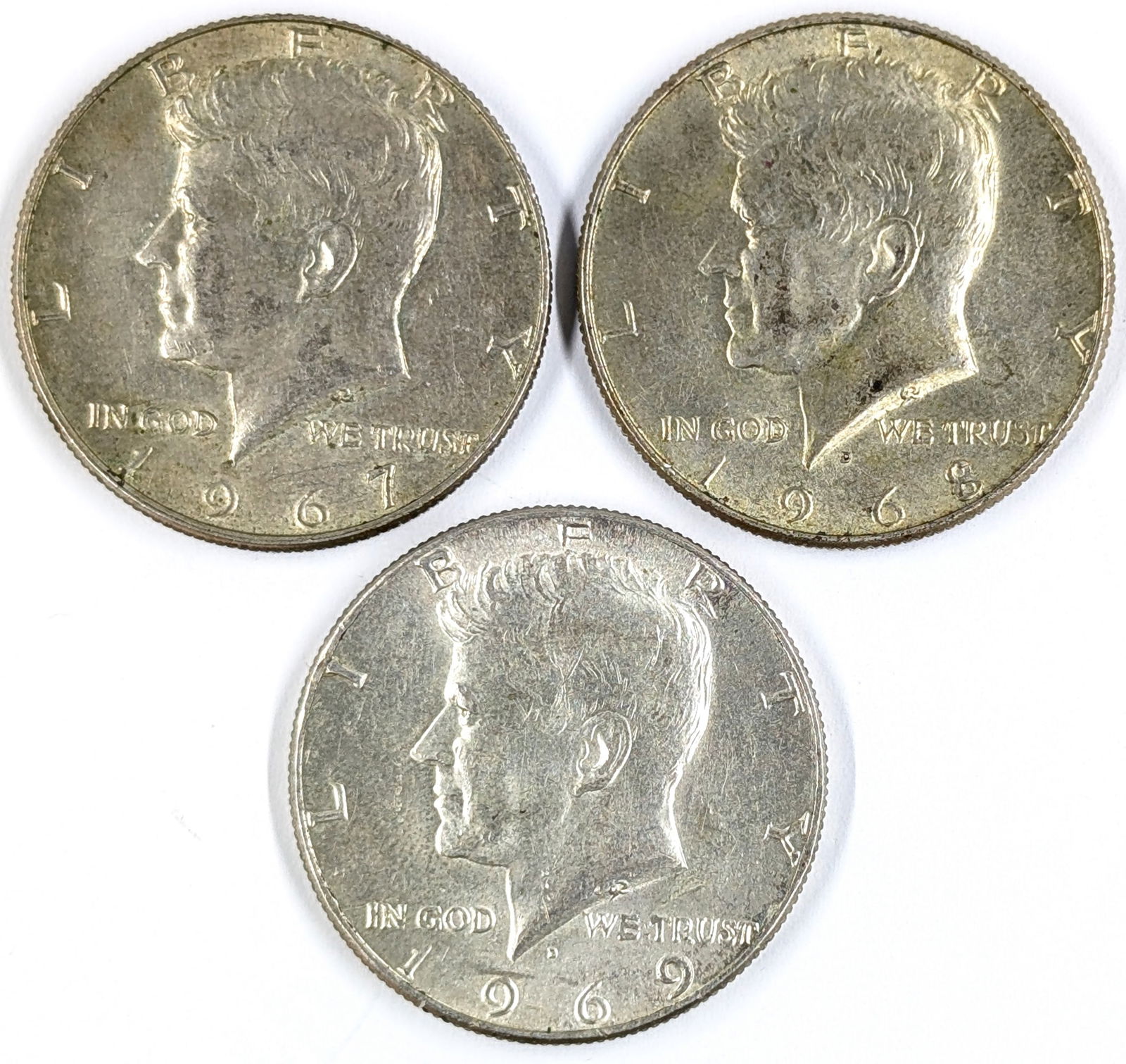 Lot of 3 Silver John F Kennedy Half Dollars - 1967, 1968-D, 1969-D (1 of 2)