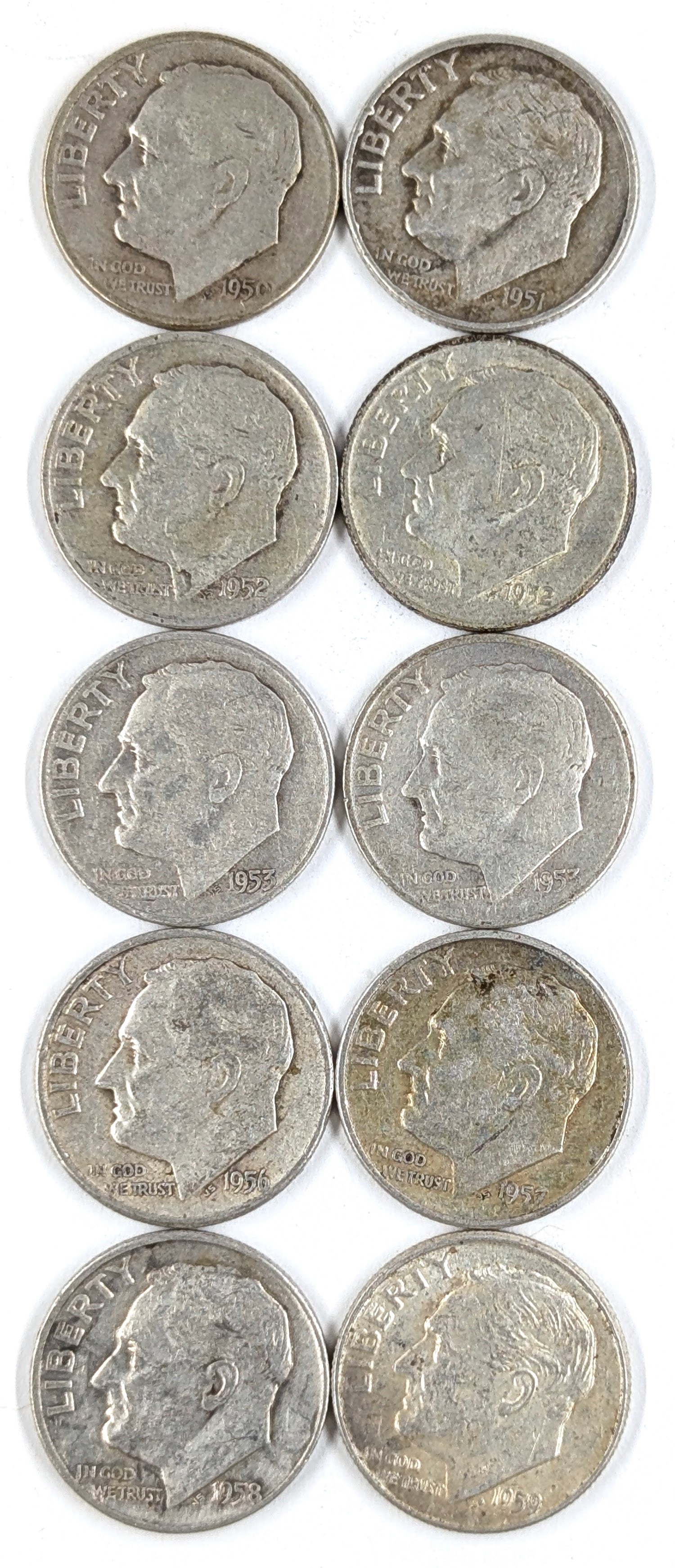 Lot of 10 Silver Roosevelt Dimes - 1950-1959 (1 of 2)