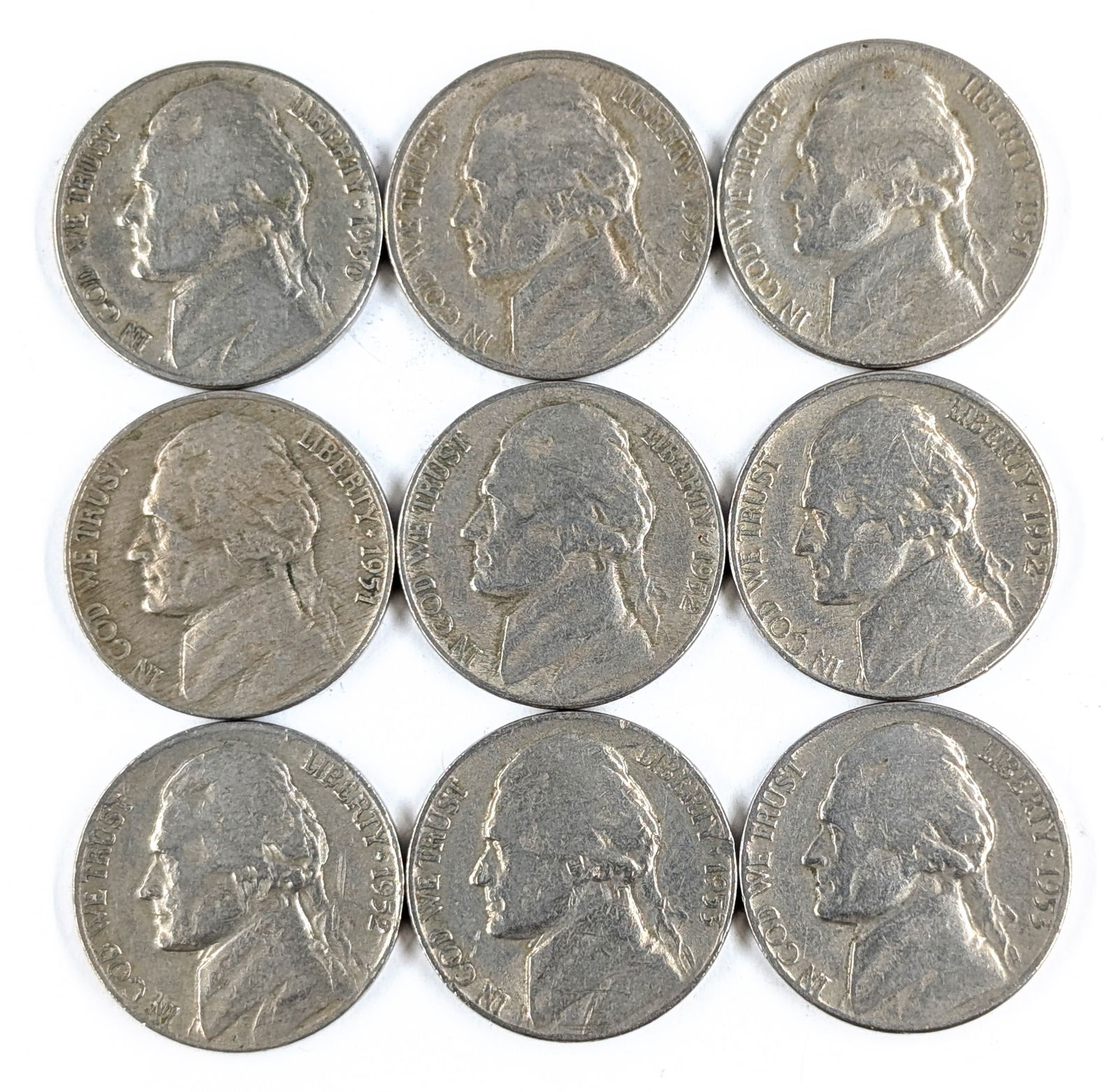 Lot of 9 Jefferson Nickels - 1950-1953: Coin 