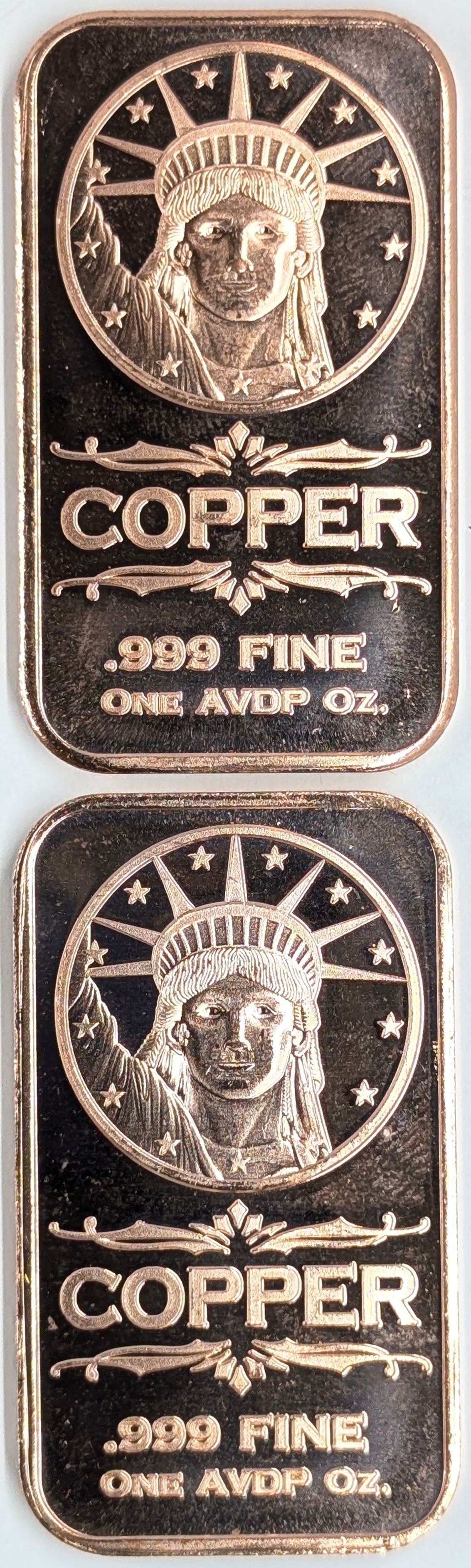 Lot of 2 - 1 Ounce (each) Fine .999 Copper Bars - Liberty: Copper 