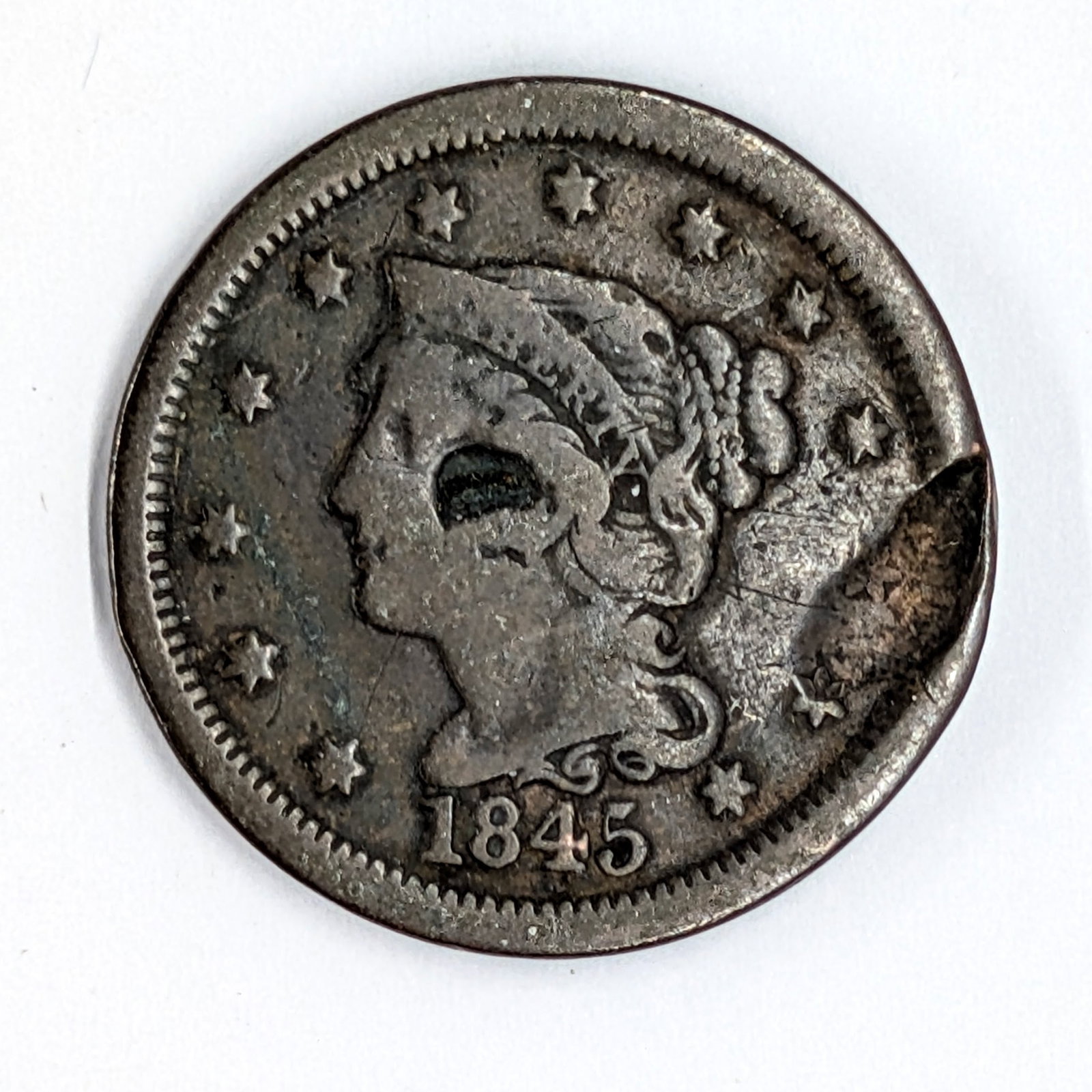 1845 Large Cent: Has some damage 