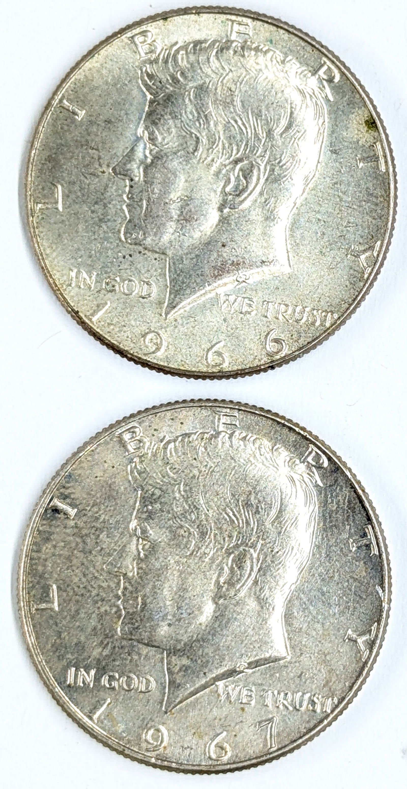 Lot of 2 Silver John F Kennedy Half Dollars - 1966, 1967: _