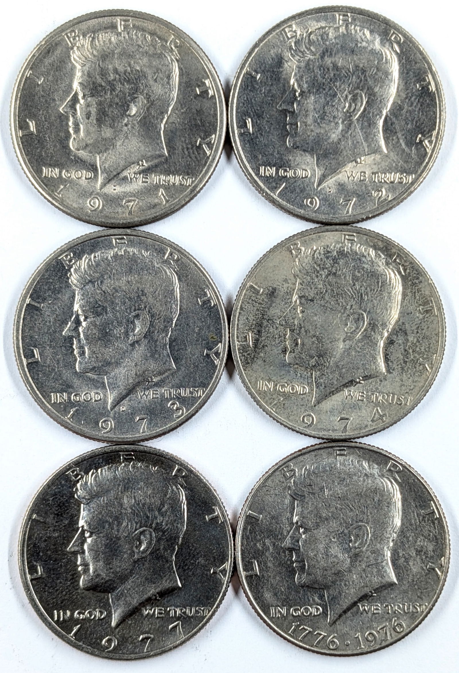 Lot of 6 Uncirculated John F Kennedy Half Dollars- 1971-1976 (1 of 2)