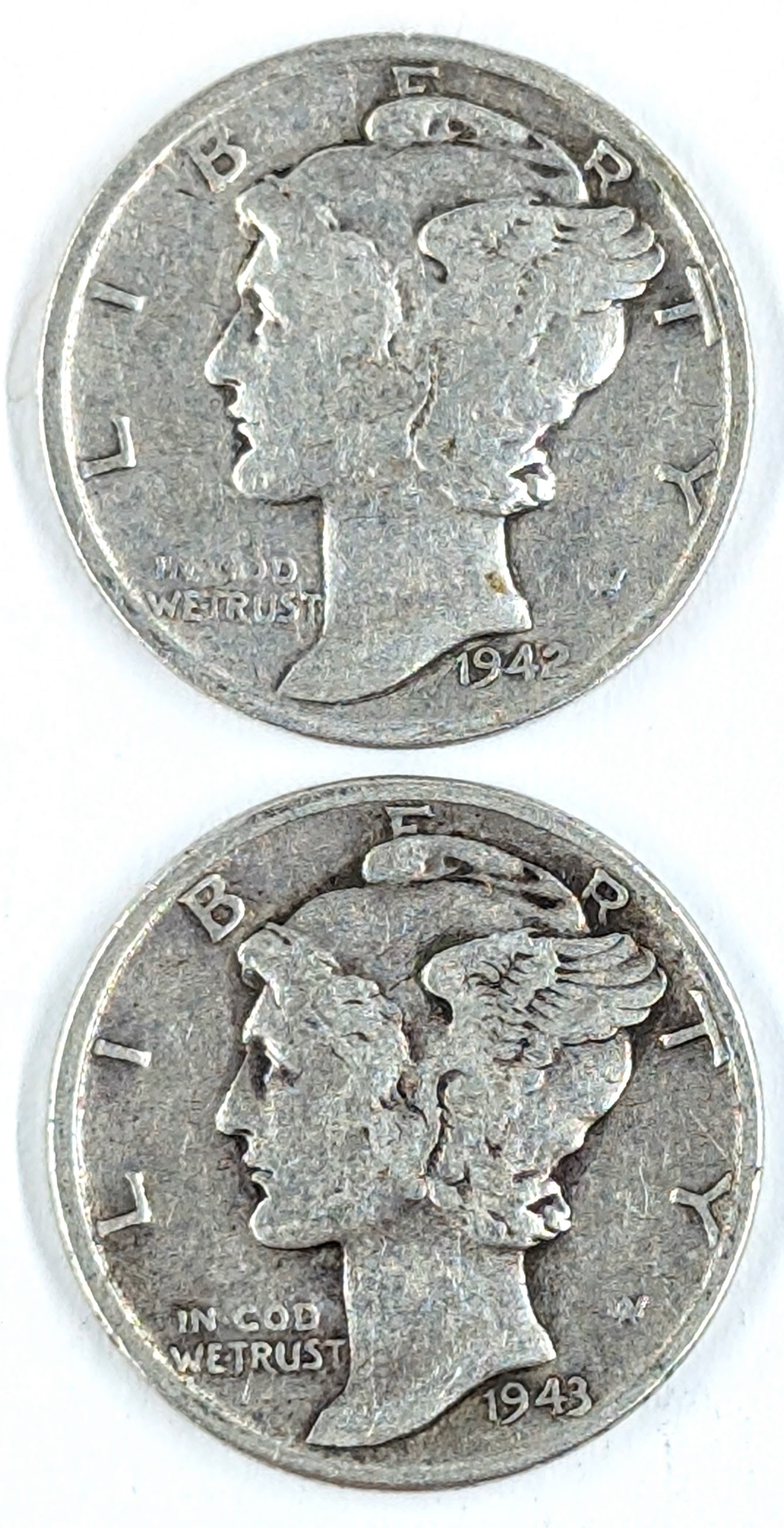 Lot of 2 Silver Mercury Dimes- 1942, 1943: _ 