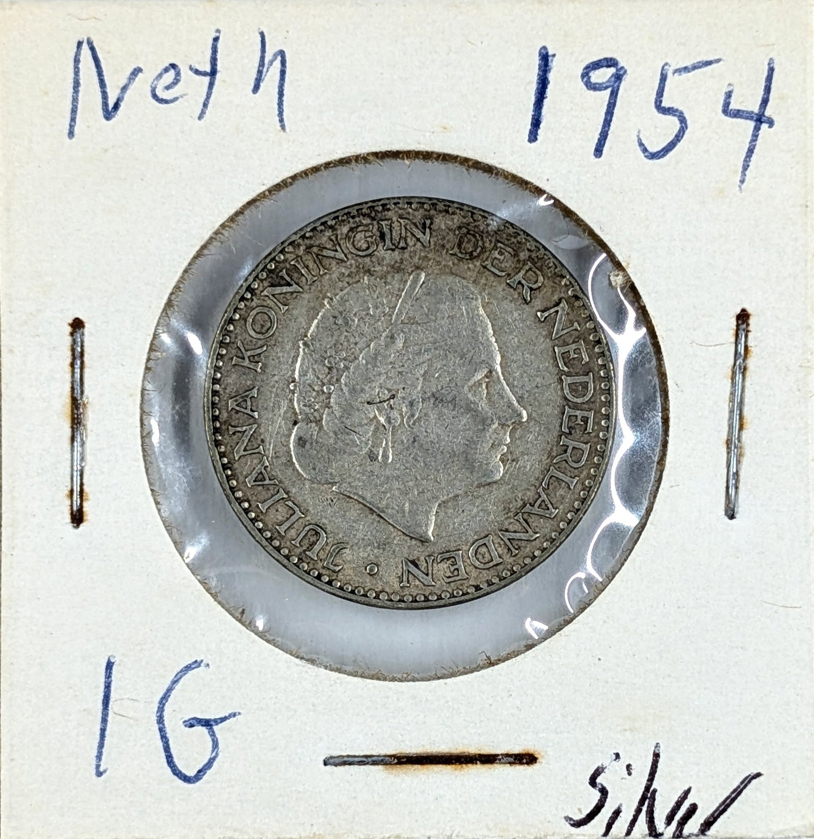 1954 Silver Netherland 1 Gulden Coin- 72% Silver: _ 