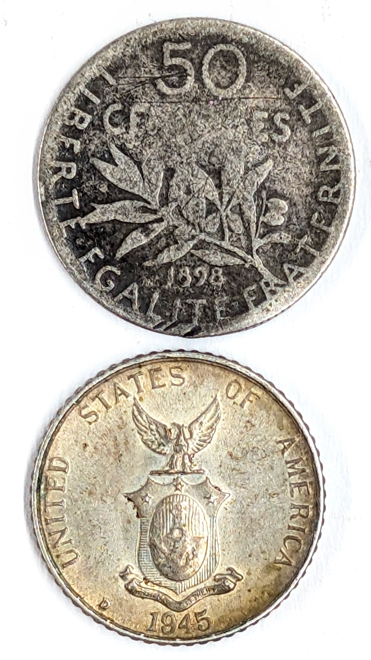 Lot of 2 Silver Foreign Coins- 1898 Franc, 1845 Philippine Centavos: _ 