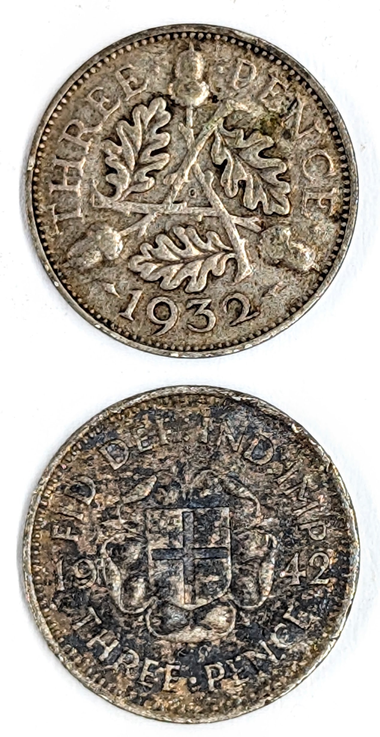 Lot of 2 Silver Three Pence Coins- 1932, 1942: _ 
