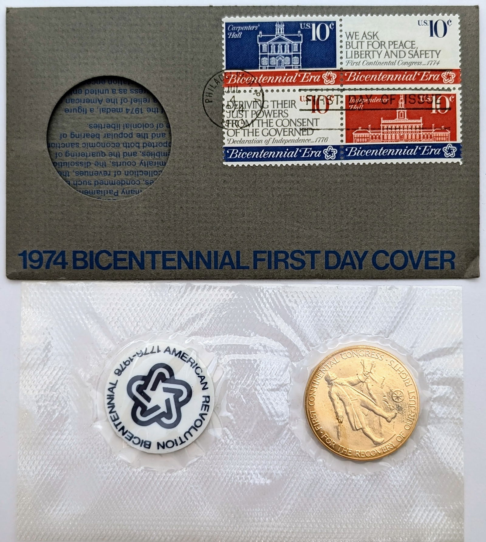 1974 American Revolution Bicentennial Commemorative Medal & Stamp: _ 