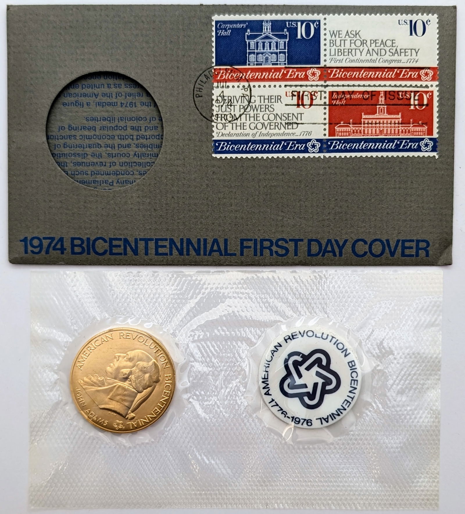 1974 American Revolution Bicentennial Commemorative Medal & Stamp - 2