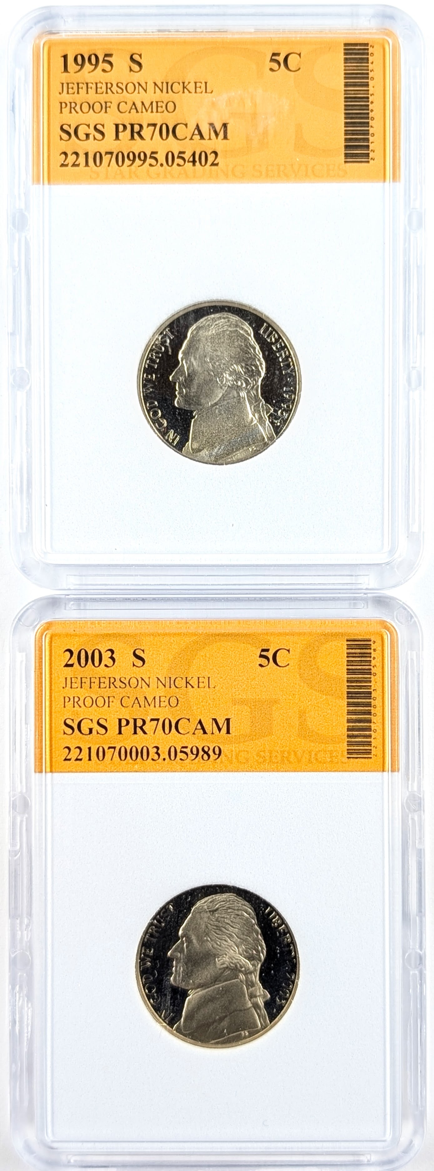 Lot of 2 SGS PR70 Jefferson Nickels- 1995-S, 2003-S: _ 
