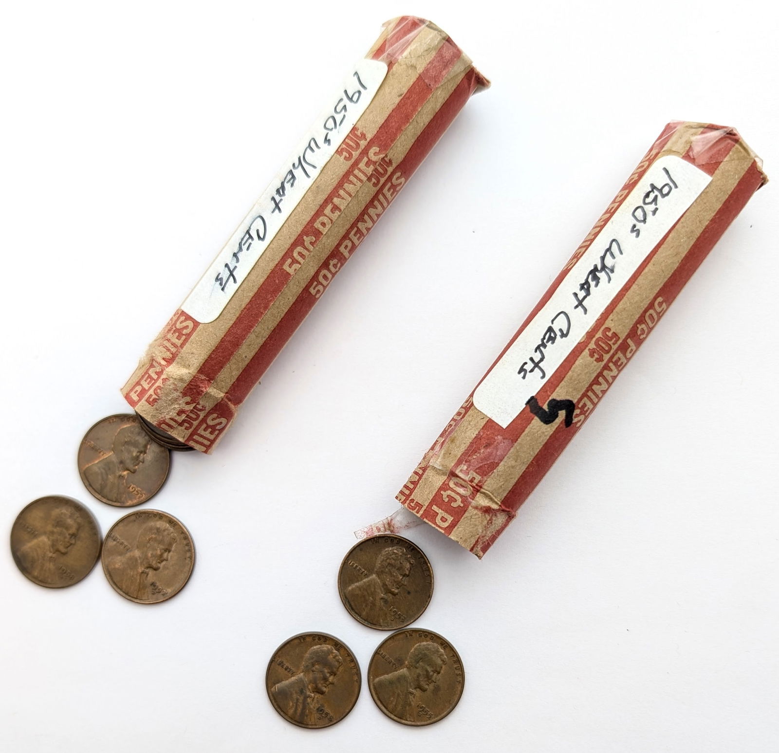 Lot of 2 Rolls (50 each) Wheat Cents- Both 1950s (1 of 3)