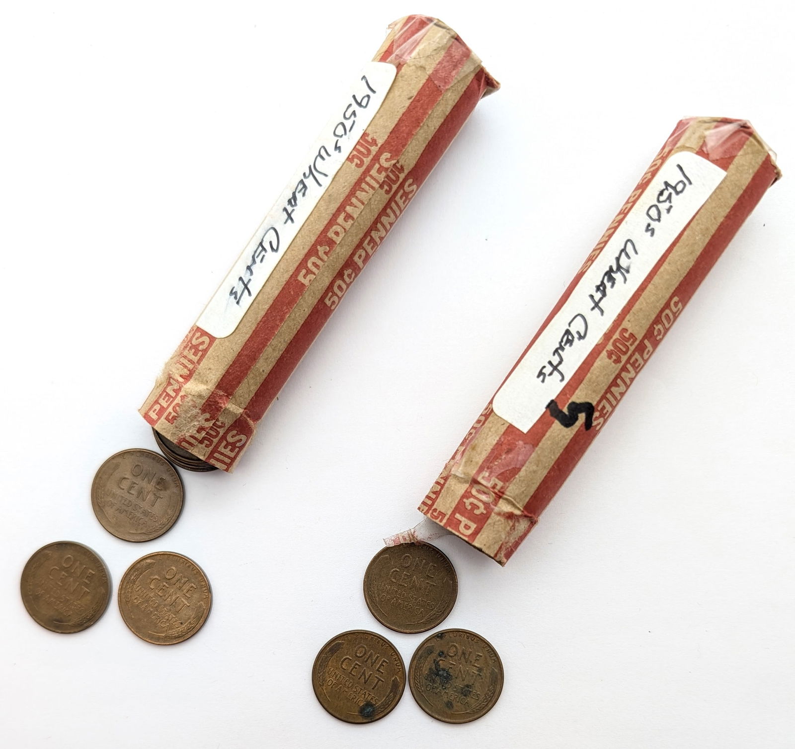 Lot of 2 Rolls (50 each) Wheat Cents- Both 1950s - 2