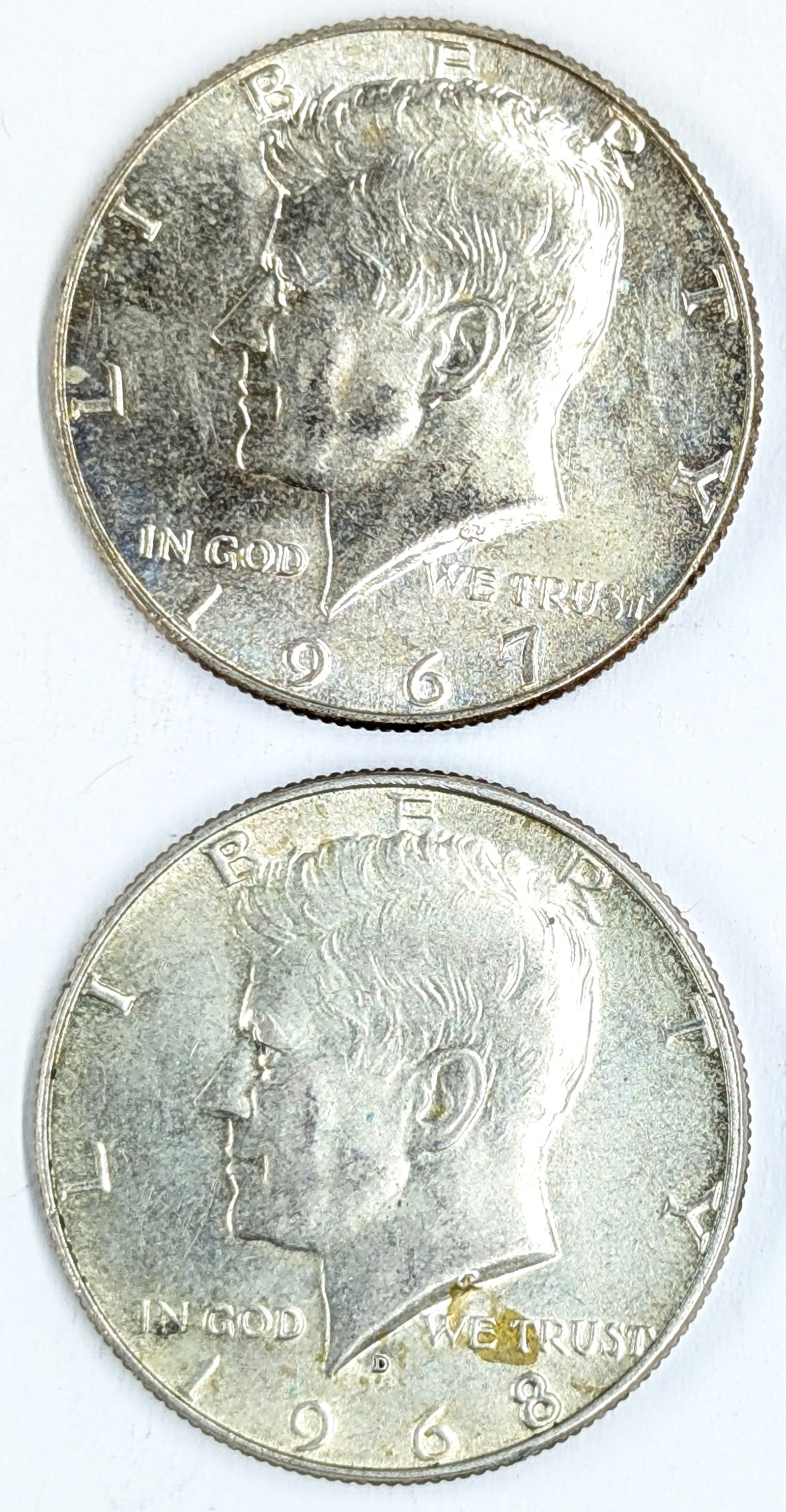 Lot of 2 Silver John F Kennedy Half Dollars - 1967, 1968-D: _ 