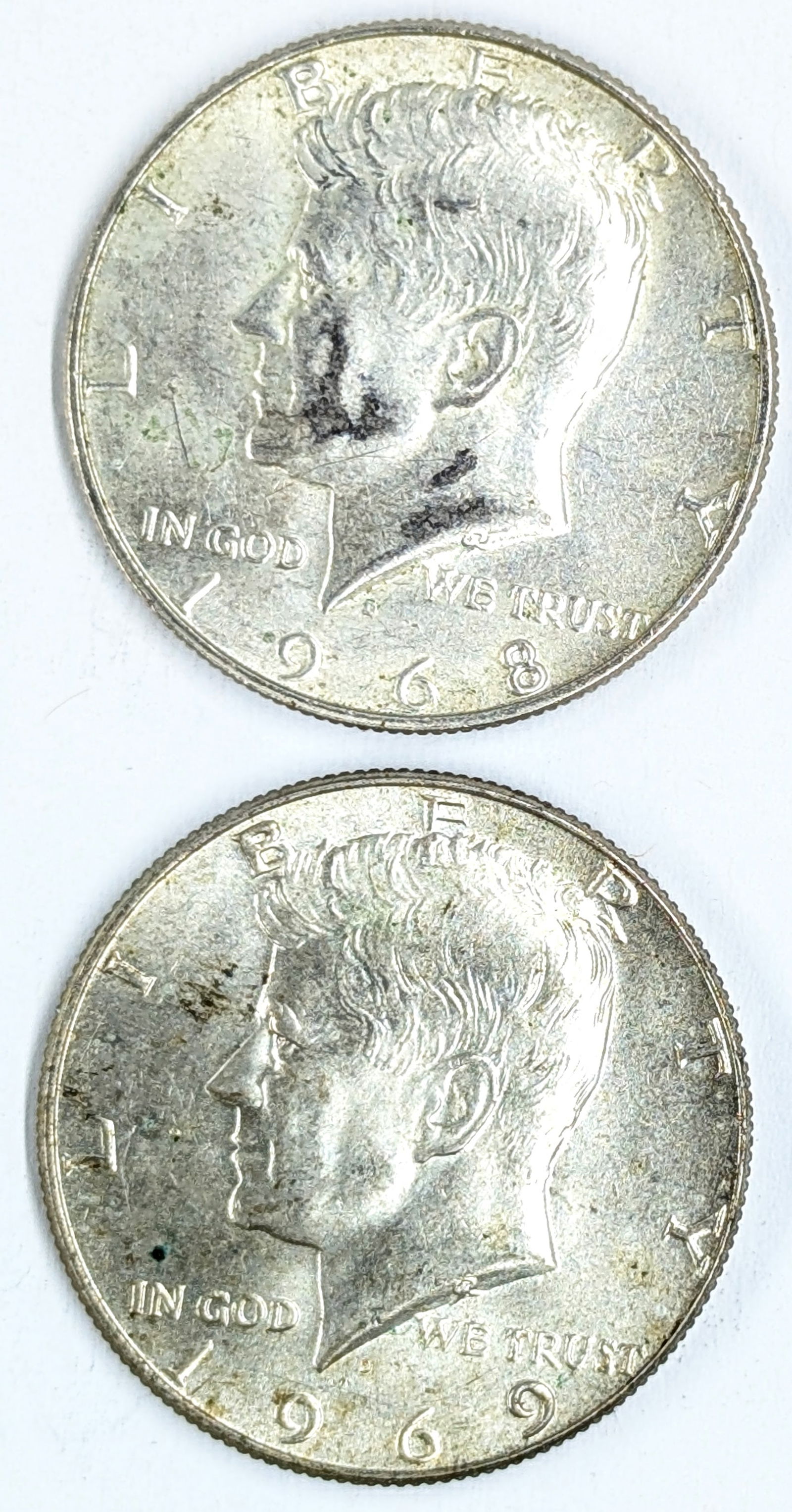 Lot of 2 Silver John F Kennedy Half Dollars - 1968-D, 1969: _