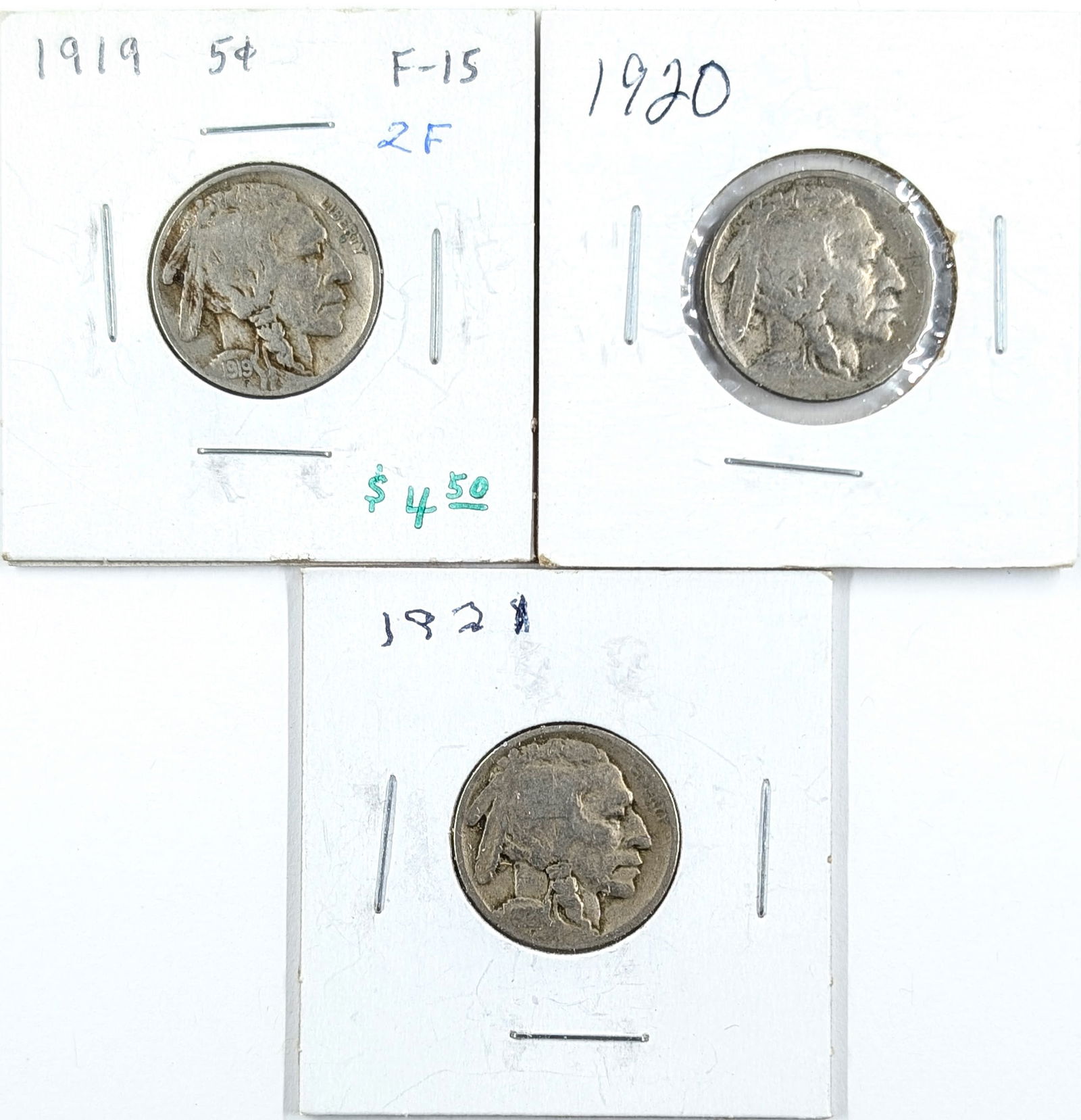 Lot of 3 Buffalo Head Nickels- 1919, 1920, 1921: _ 