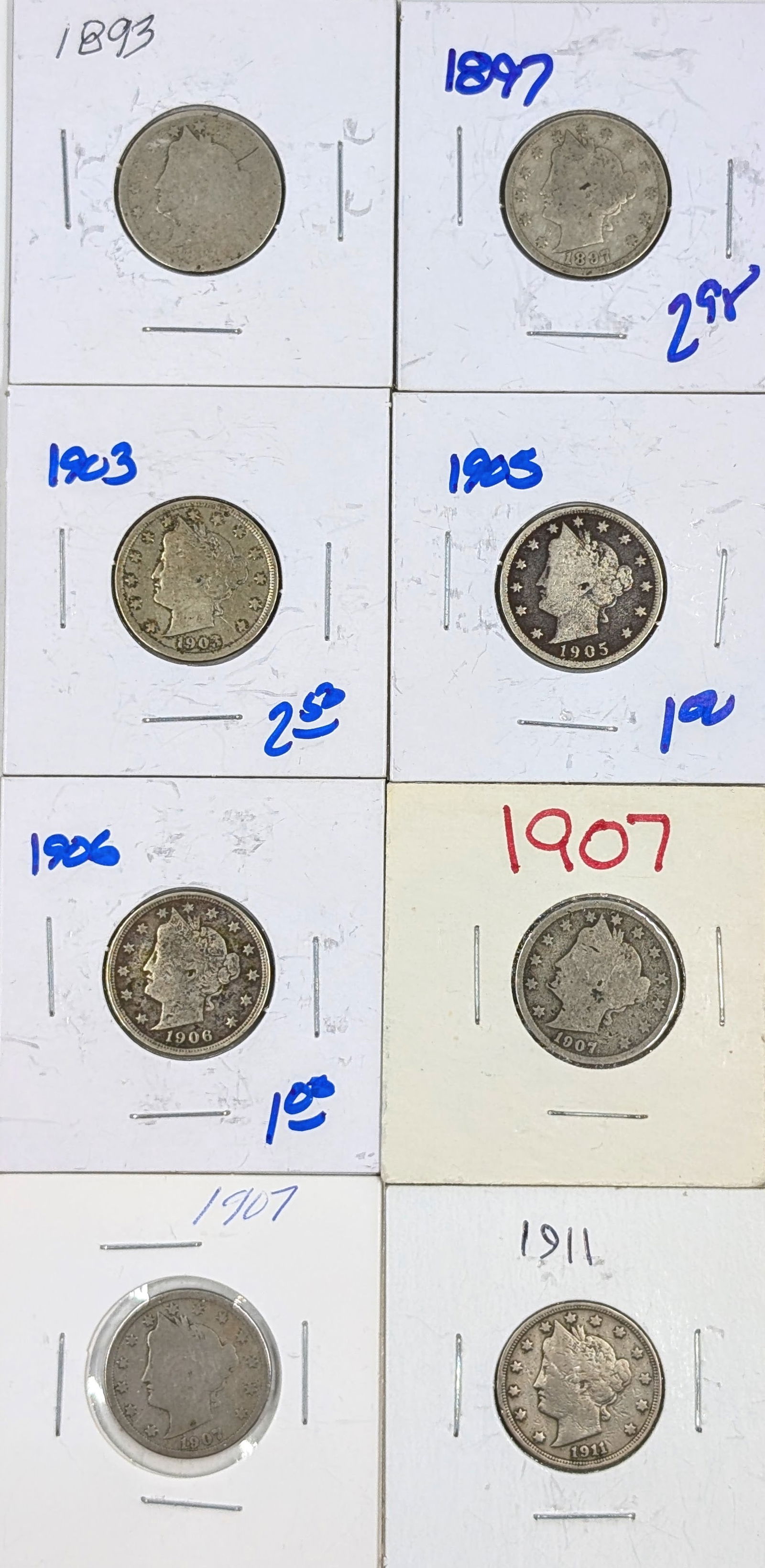 Lot of 8 Liberty V Nickels- 1893-1911: _ 