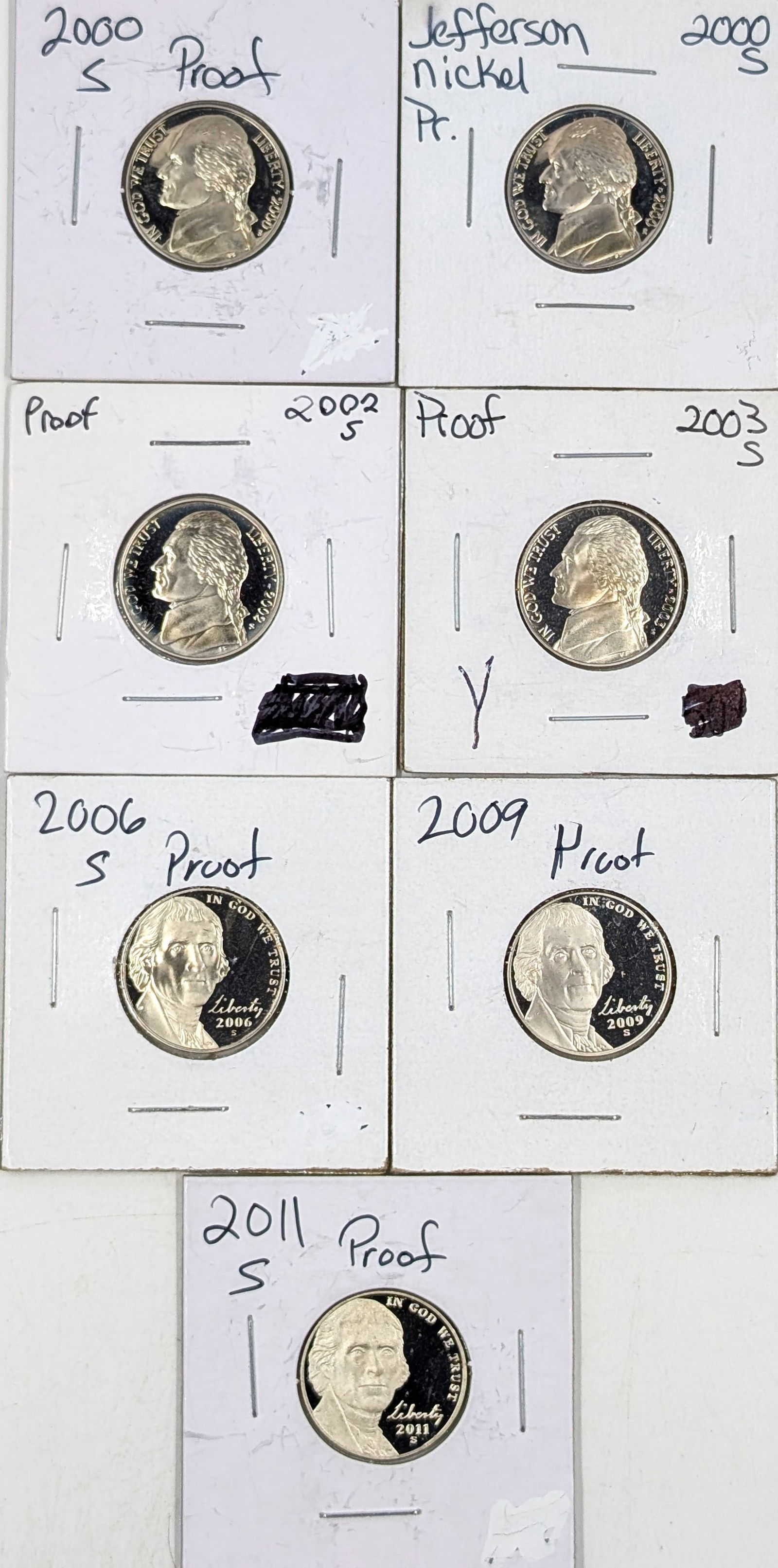 Lot of 7 Jefferson Nickels- Proofs 2000-2011: _ 