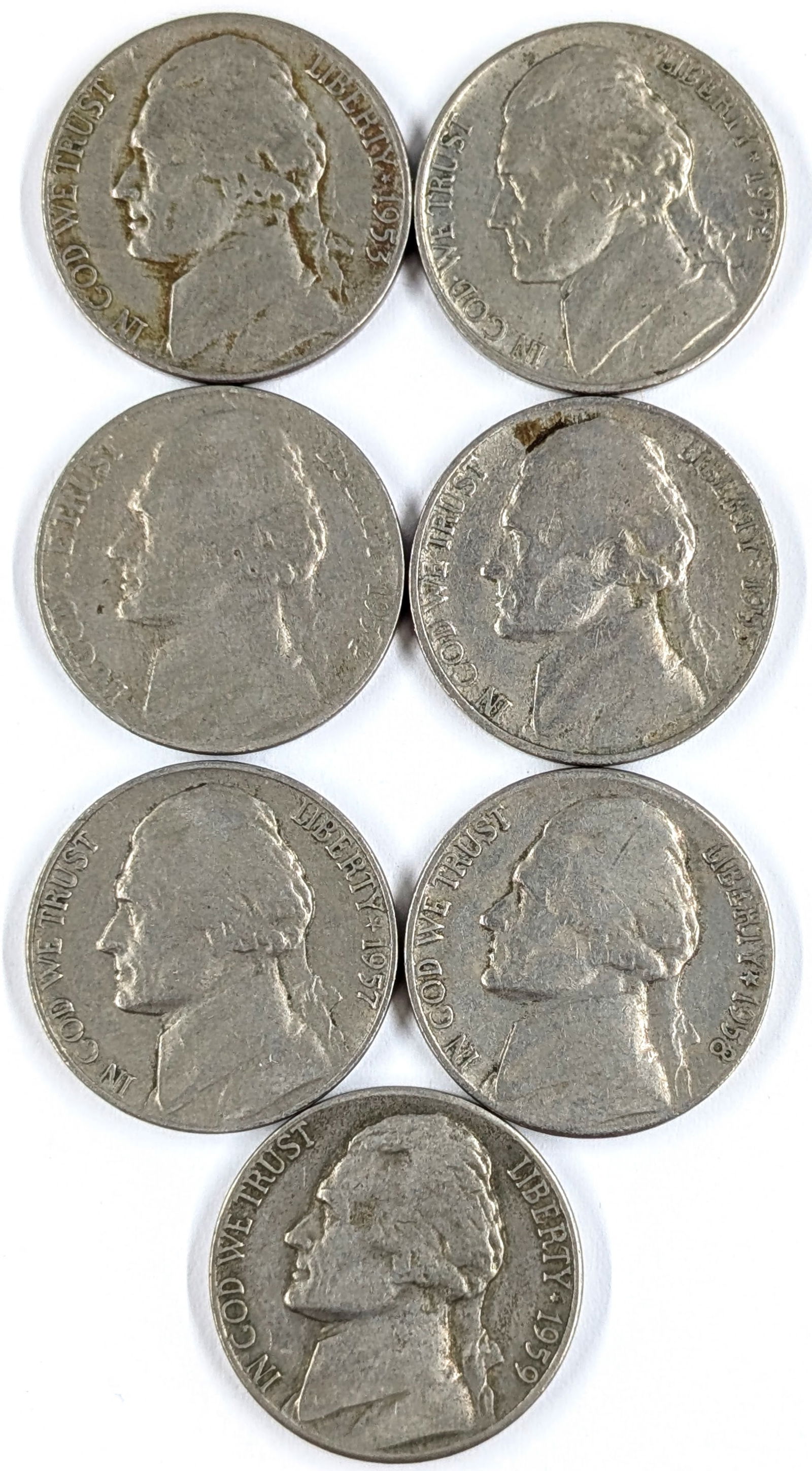 Lot of 7 Jefferson Nickels- 1953-1959 (1 of 2)