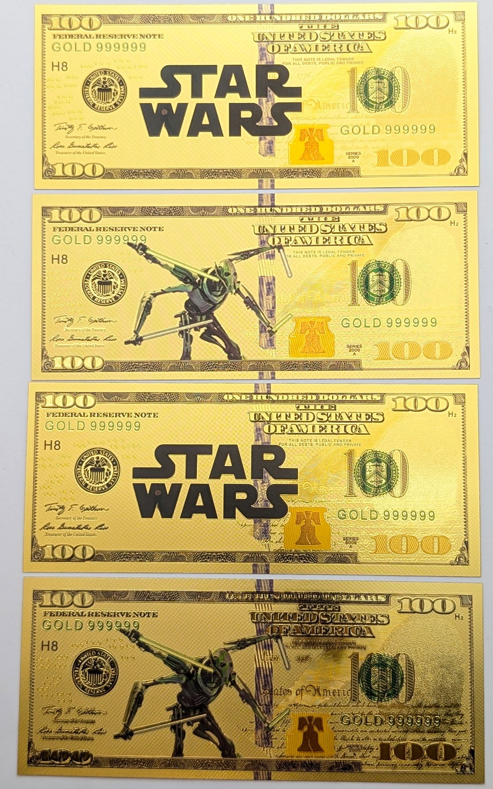 Lot of 4 Star Wars Gold foil $100 design: _ 