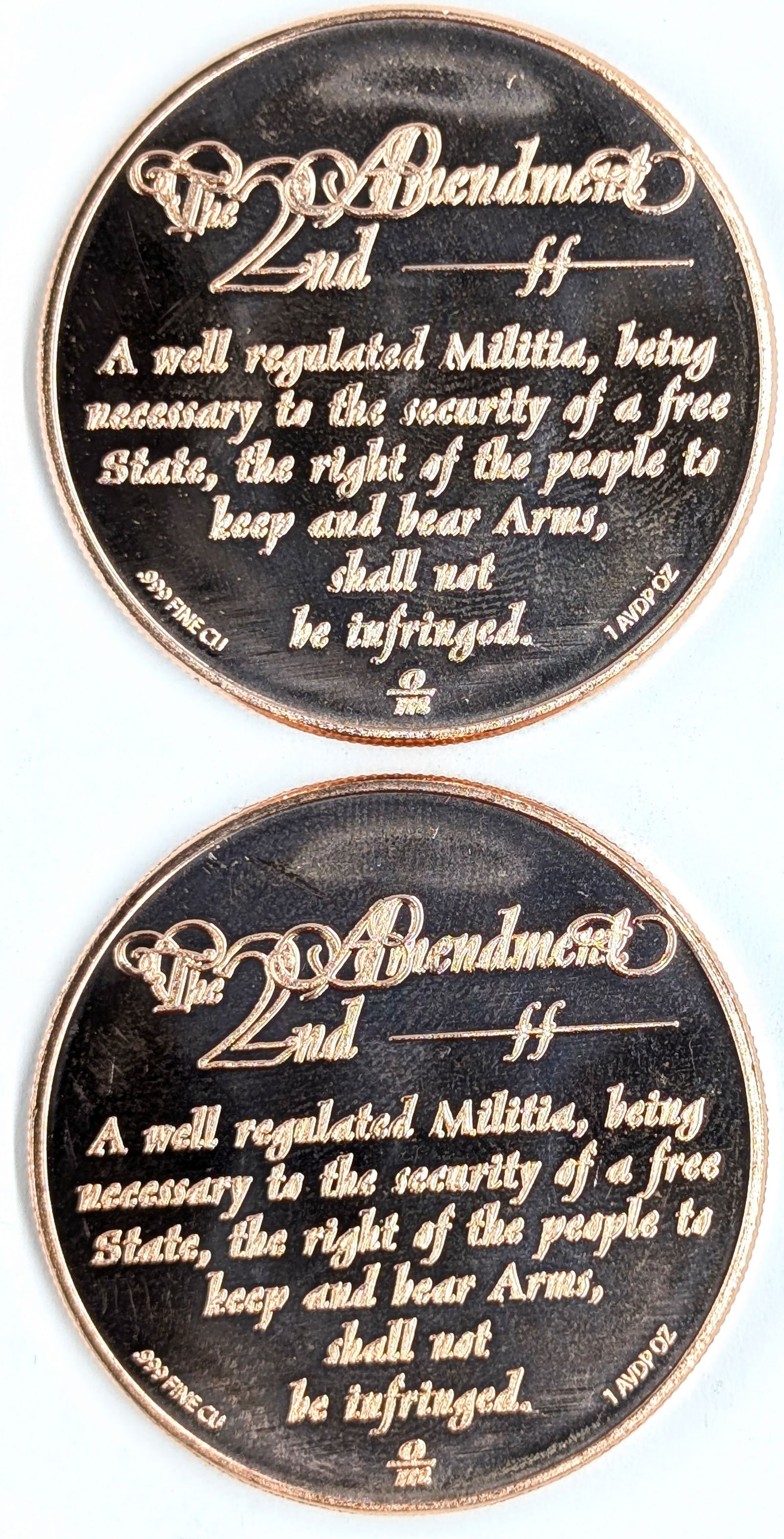 Lot of 2- 1 Ounce Fine .999 Copper Rounds- The 2nd Amendment - 2